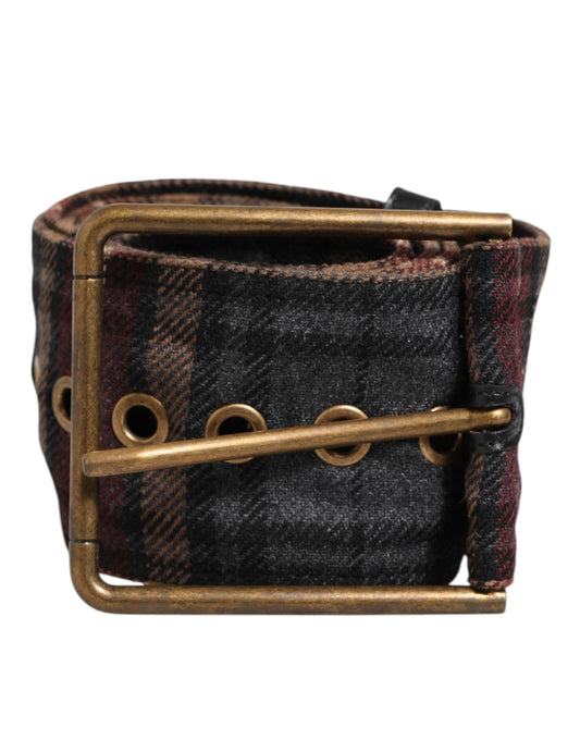 Dolce & Gabbana Plaid Fabric Logo Plate Brass Buckle Belt Curated Luxury Accessories by Orvyn