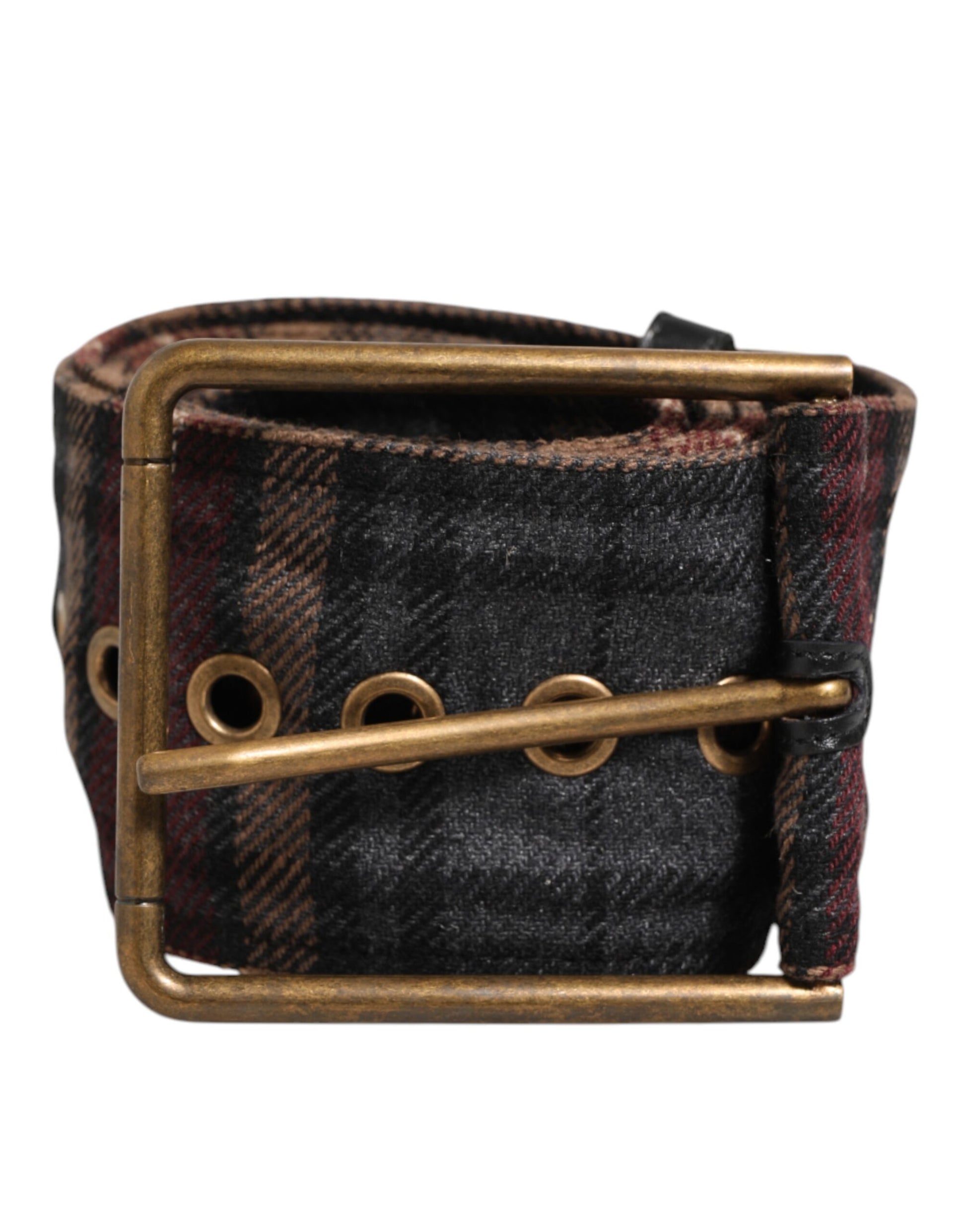 Dolce & Gabbana Plaid Fabric Logo Plate Brass Buckle Belt Curated Luxury Accessories by Orvyn