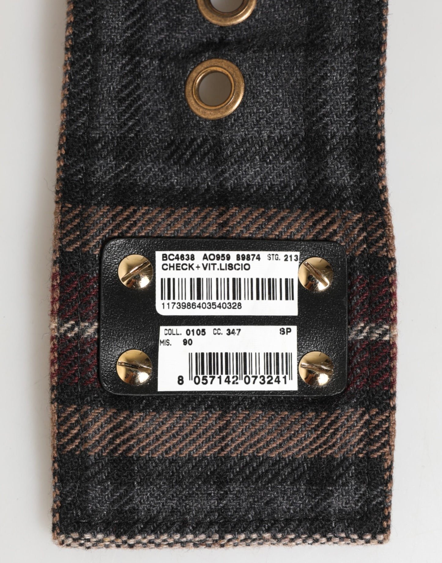 Dolce & Gabbana Plaid Fabric Logo Plate Brass Buckle Belt Curated Luxury Accessories by Orvyn