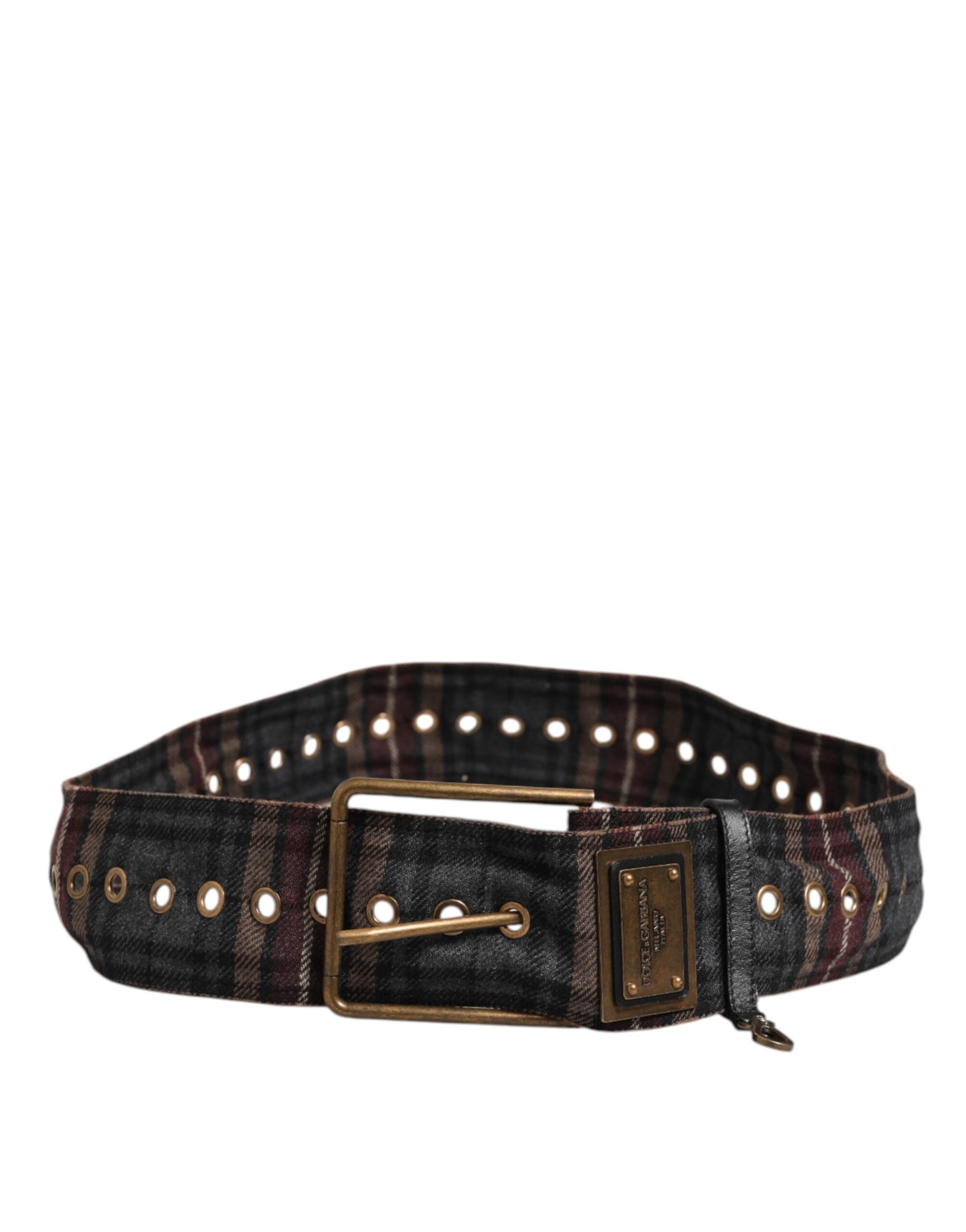 Dolce & Gabbana Plaid Fabric Logo Plate Brass Buckle Belt Curated Luxury Accessories by Orvyn