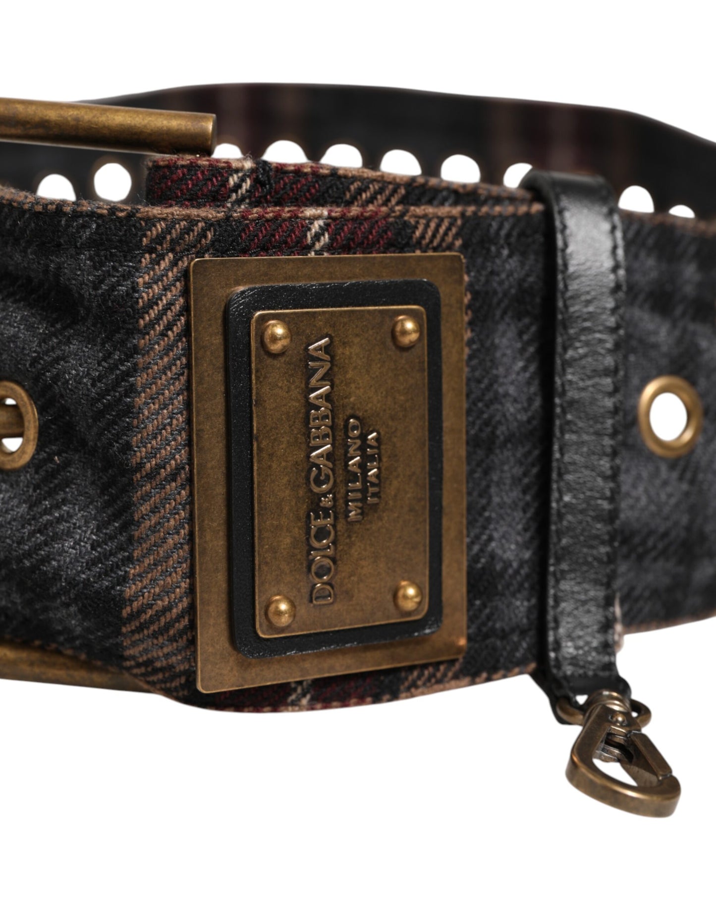 Dolce & Gabbana Plaid Fabric Logo Plate Brass Buckle Belt Curated Luxury Accessories by Orvyn