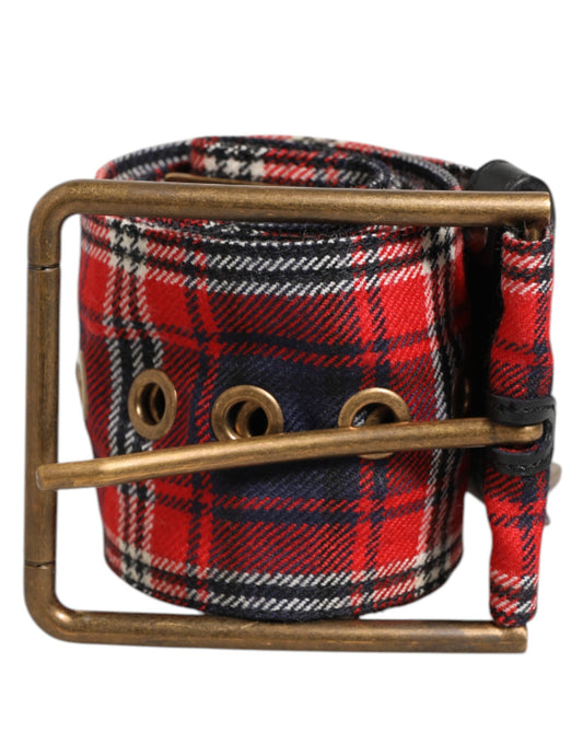 Dolce & Gabbana Red Plaid Fabric Logo Plate Brass Buckle Belt Curated Luxury Accessories by Orvyn