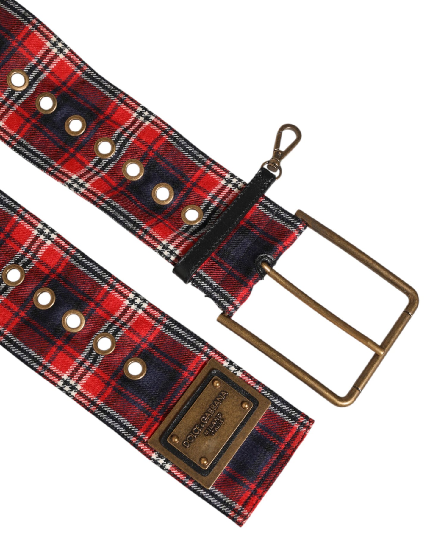 Dolce & Gabbana Red Plaid Fabric Logo Plate Brass Buckle Belt Curated Luxury Accessories by Orvyn