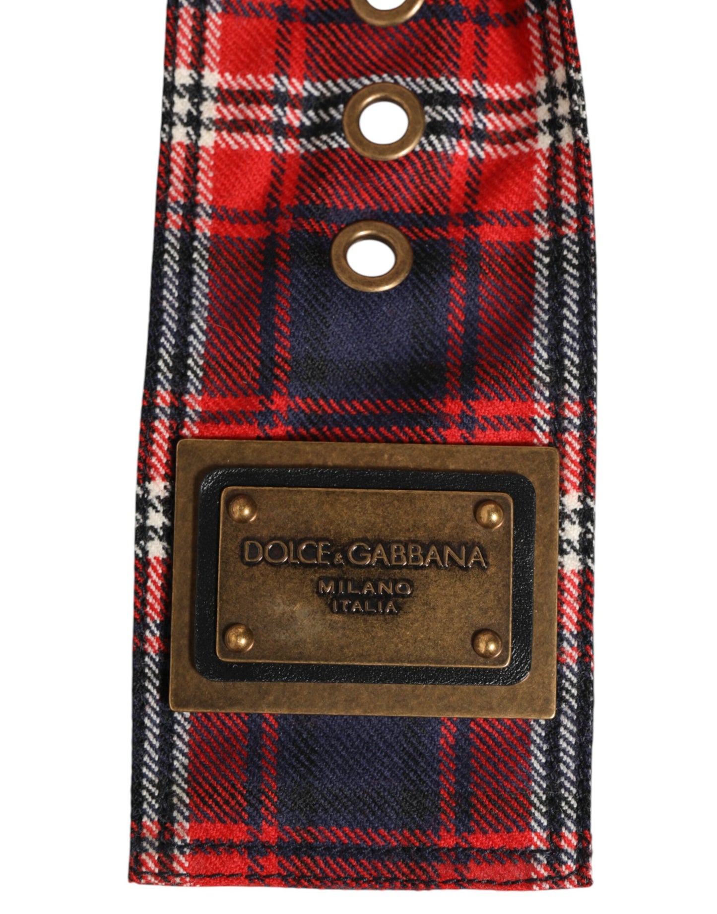 Dolce & Gabbana Red Plaid Fabric Logo Plate Brass Buckle Belt Curated Luxury Accessories by Orvyn