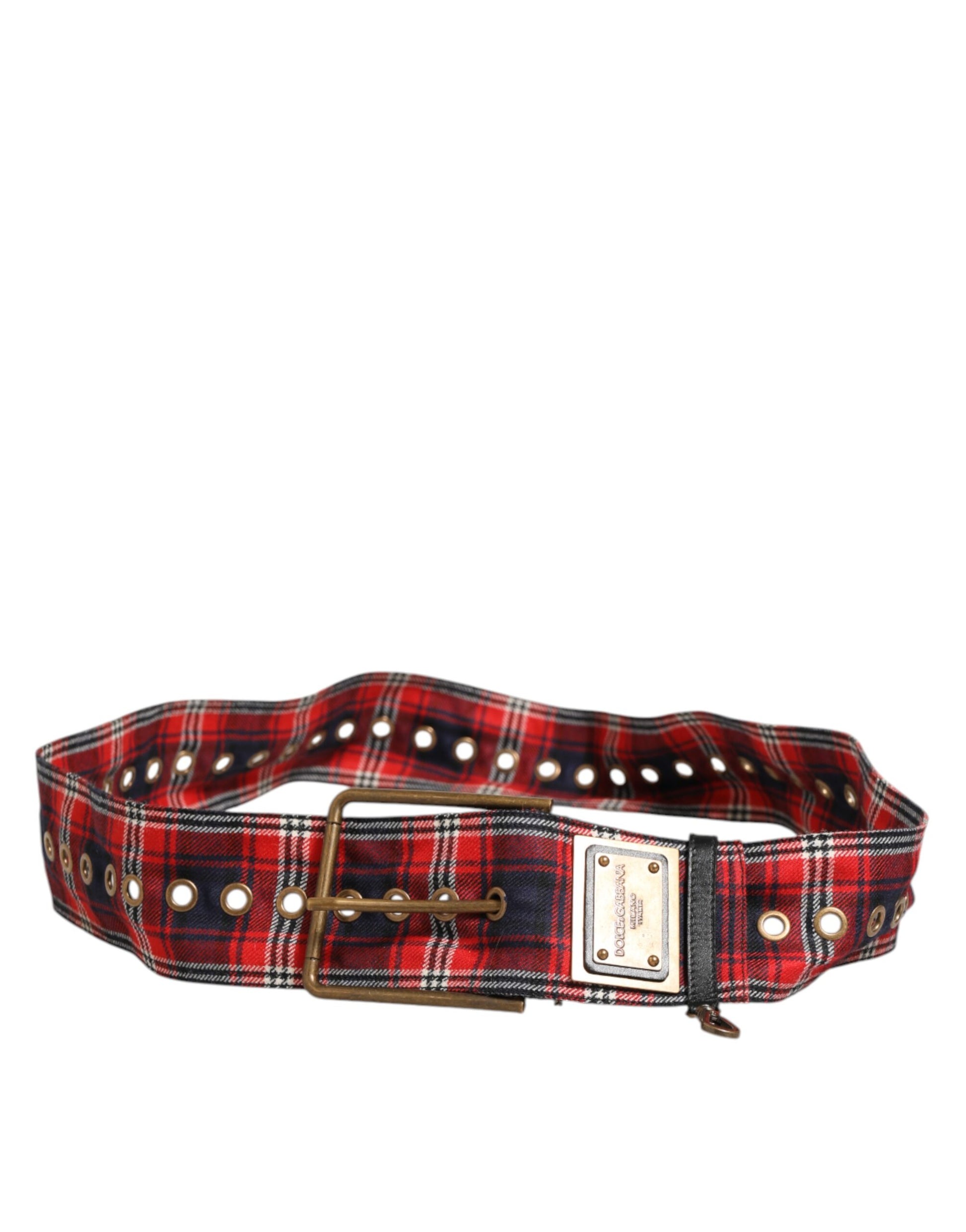 Dolce & Gabbana Red Plaid Fabric Logo Plate Brass Buckle Belt Curated Luxury Accessories by Orvyn
