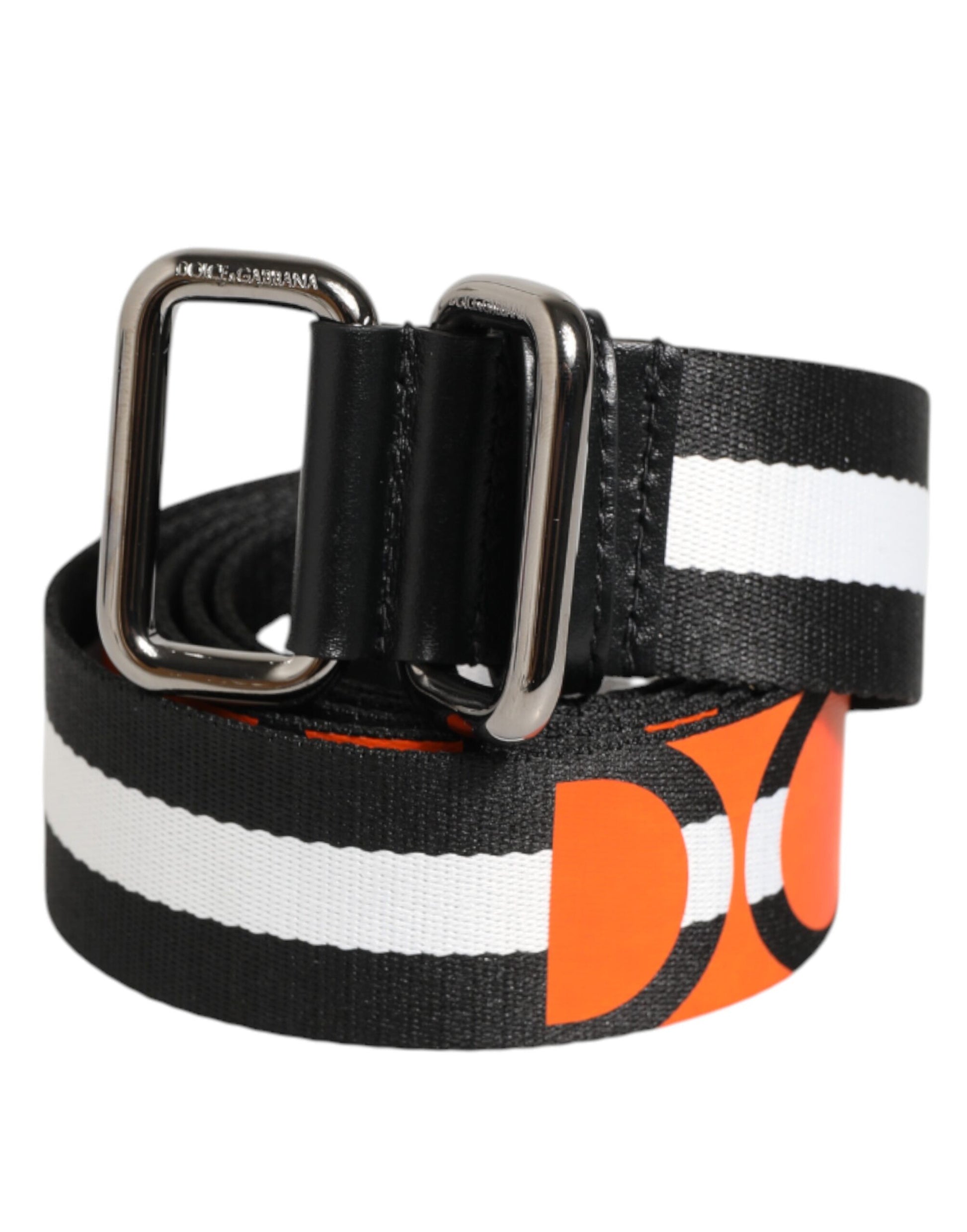 Dolce & Gabbana Black White Striped Logo Metal Buckle Belt Curated Luxury Accessories by Orvyn