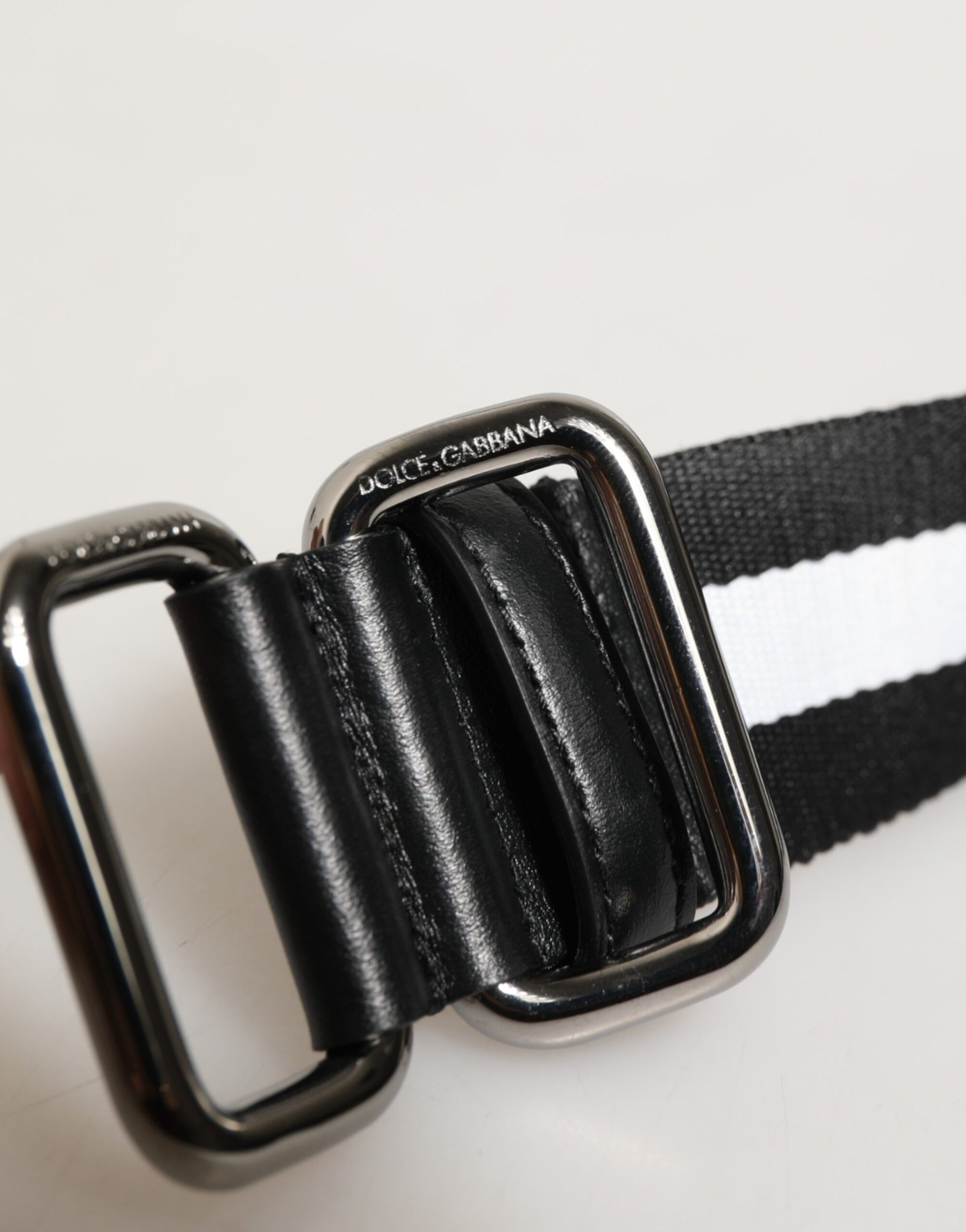 Dolce & Gabbana Black White Striped Logo Metal Buckle Belt Curated Luxury Accessories by Orvyn