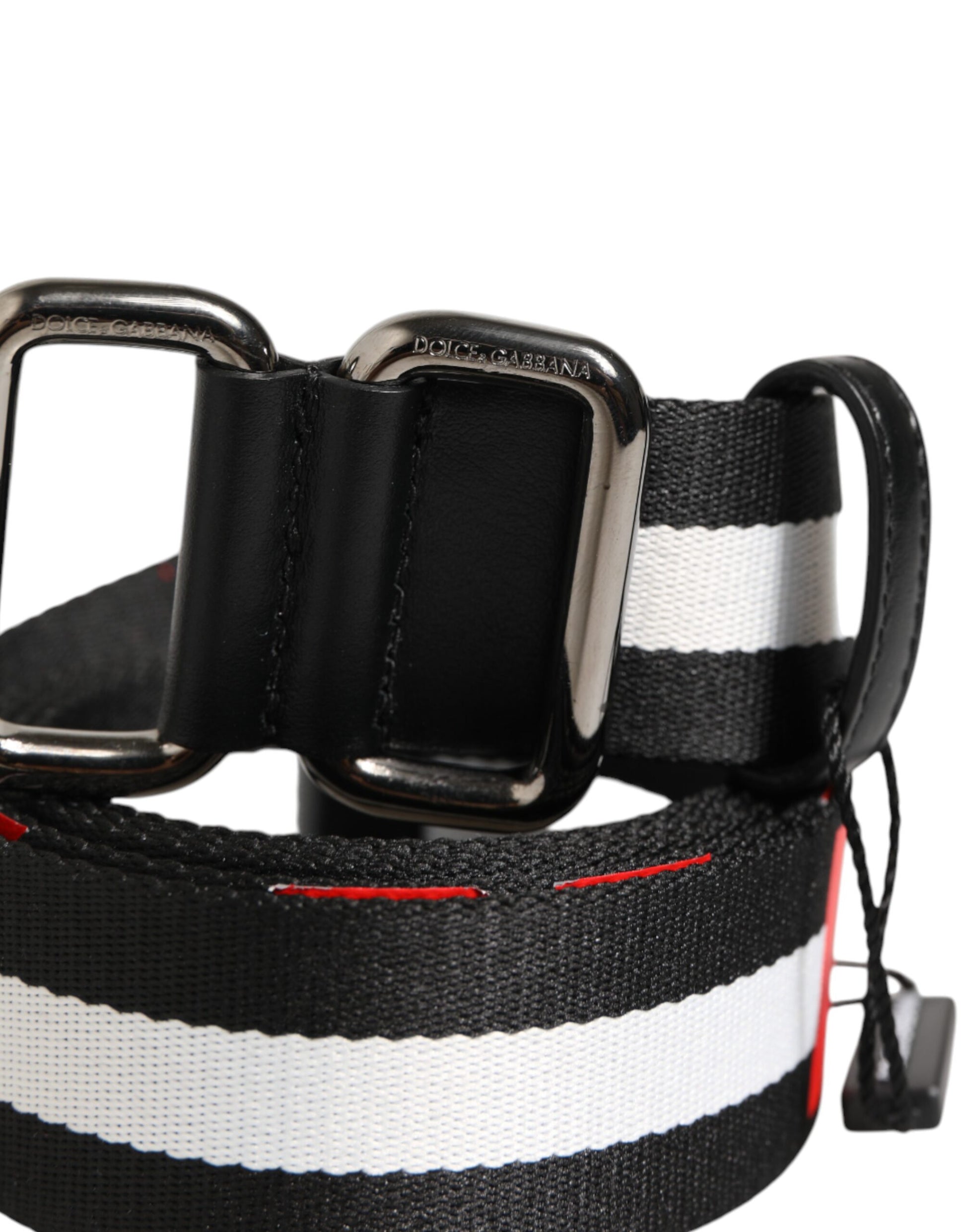 Dolce & Gabbana Black White Striped Logo Metal Buckle Belt Curated Luxury Accessories by Orvyn