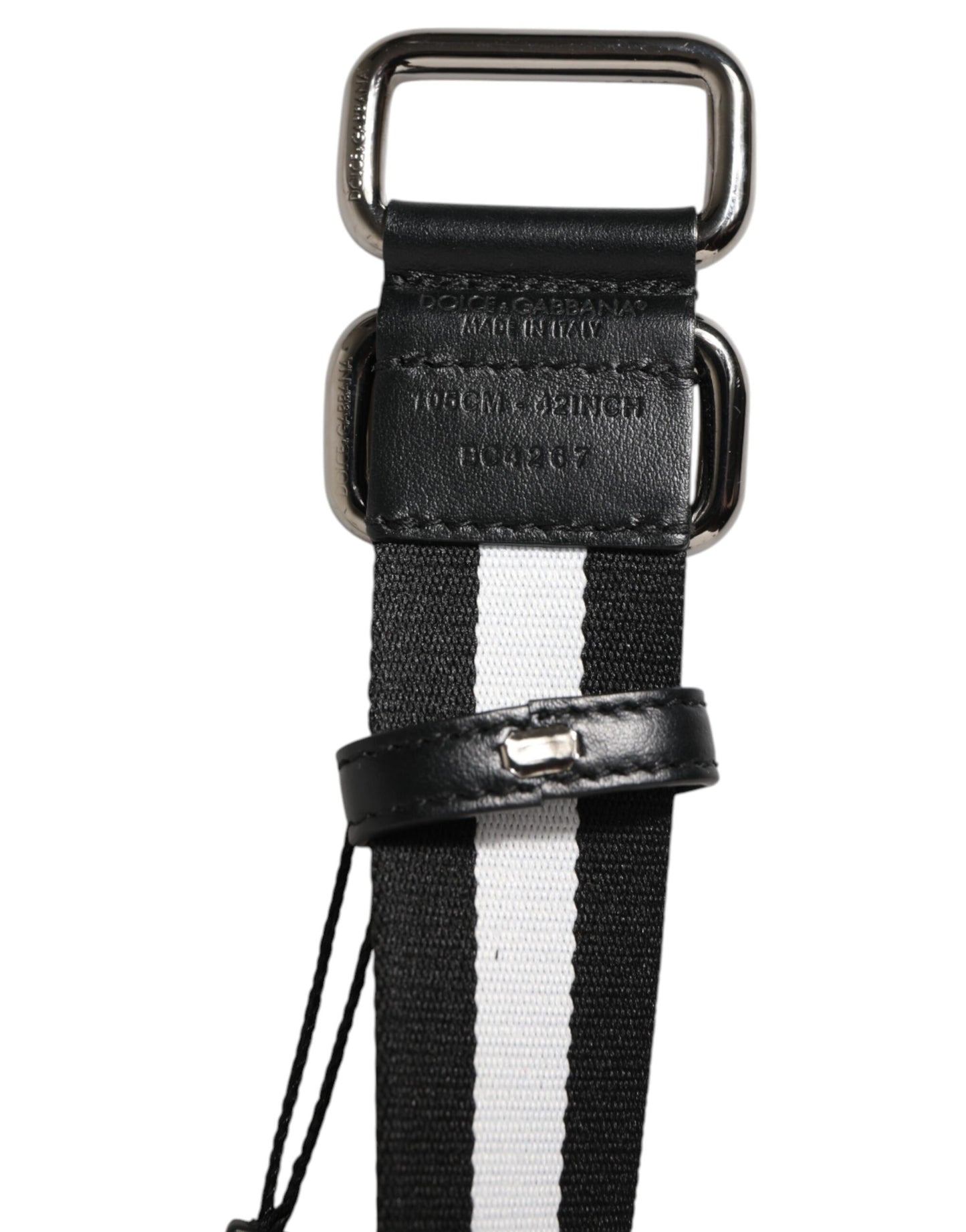 Dolce & Gabbana Black White Striped Logo Metal Buckle Belt Curated Luxury Accessories by Orvyn