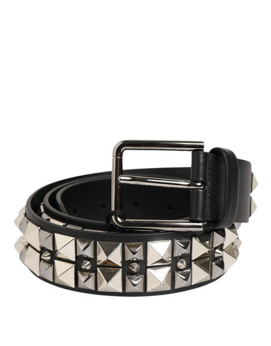 Dolce & Gabbana Black Calf Leather Studded Silver Buckle Belt Curated Luxury Accessories by Orvyn
