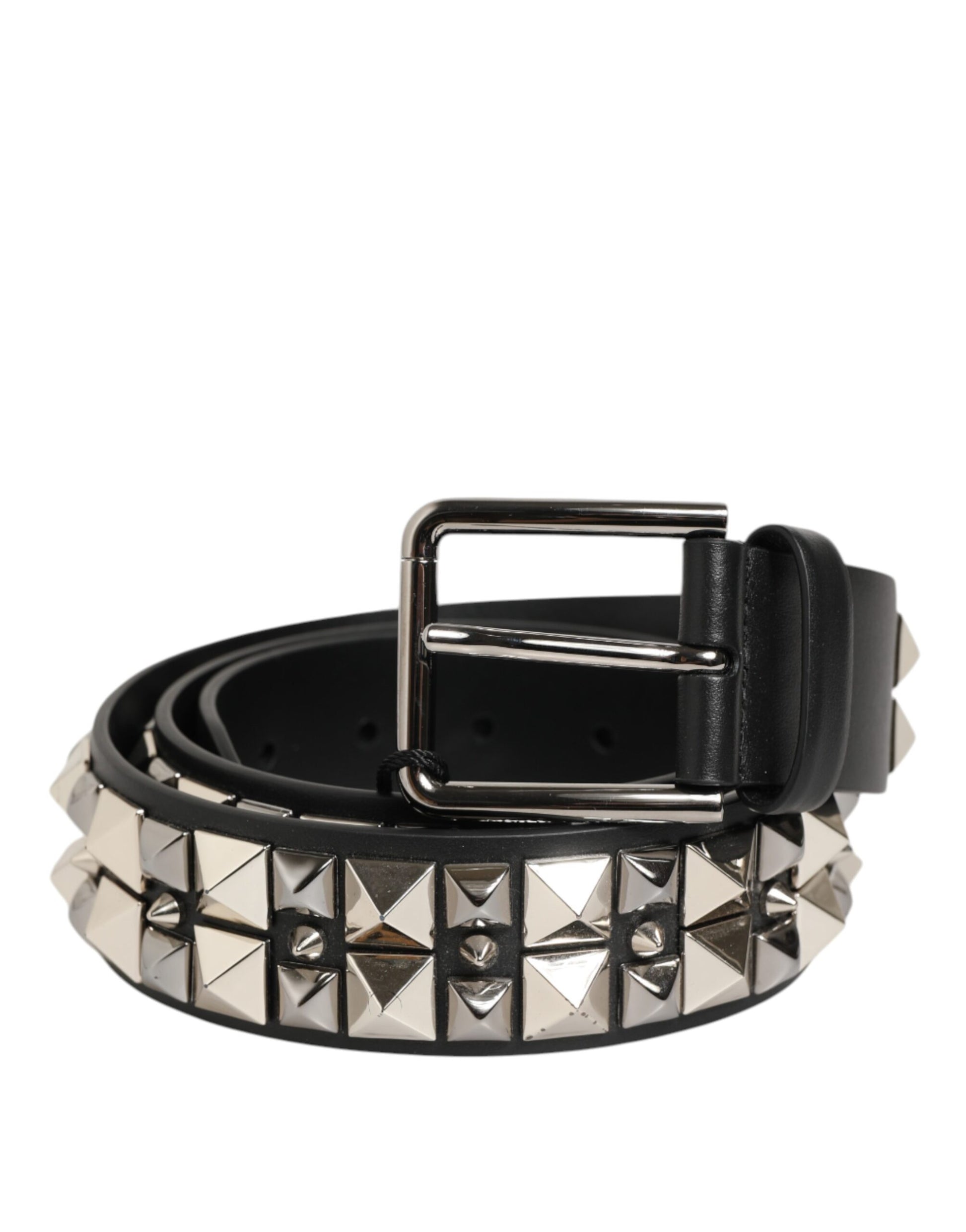 Dolce & Gabbana Black Calf Leather Studded Silver Buckle Belt Curated Luxury Accessories by Orvyn