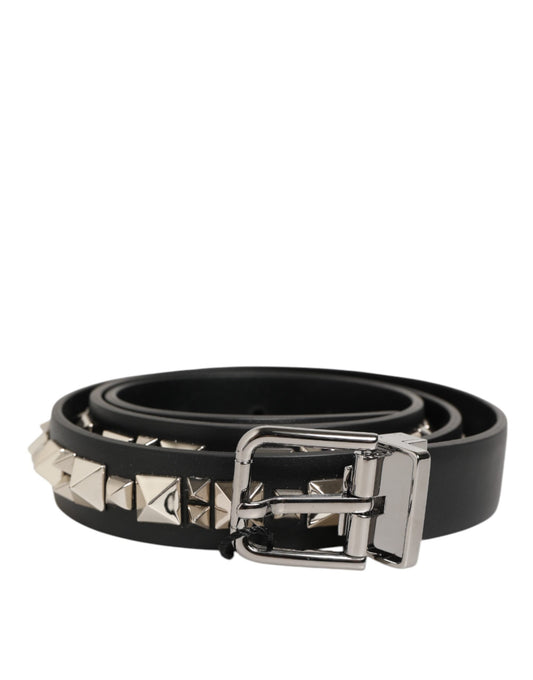Dolce & Gabbana Black Leather Studded Silver-Tone Buckle Belt Curated Luxury Accessories by Orvyn