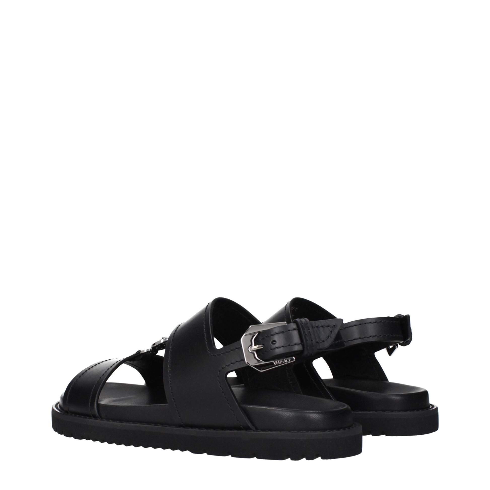 Versace Black Leather Flat Sandals Curated Luxury Accessories by Orvyn