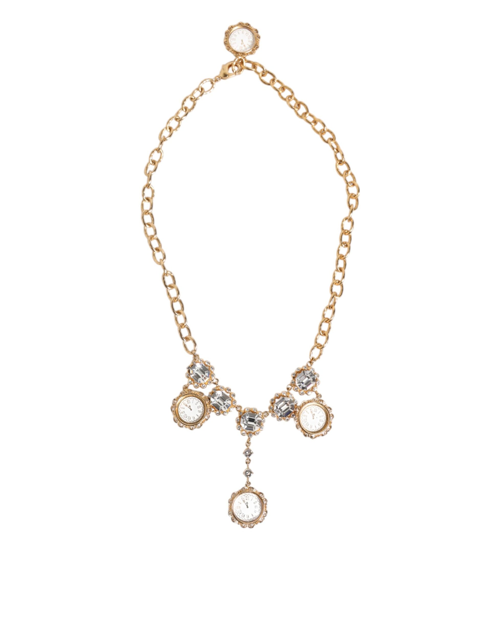 Dolce & Gabbana Gold Crystal Clock Pendant Statement Jewelry Necklace Curated Luxury Accessories by Orvyn