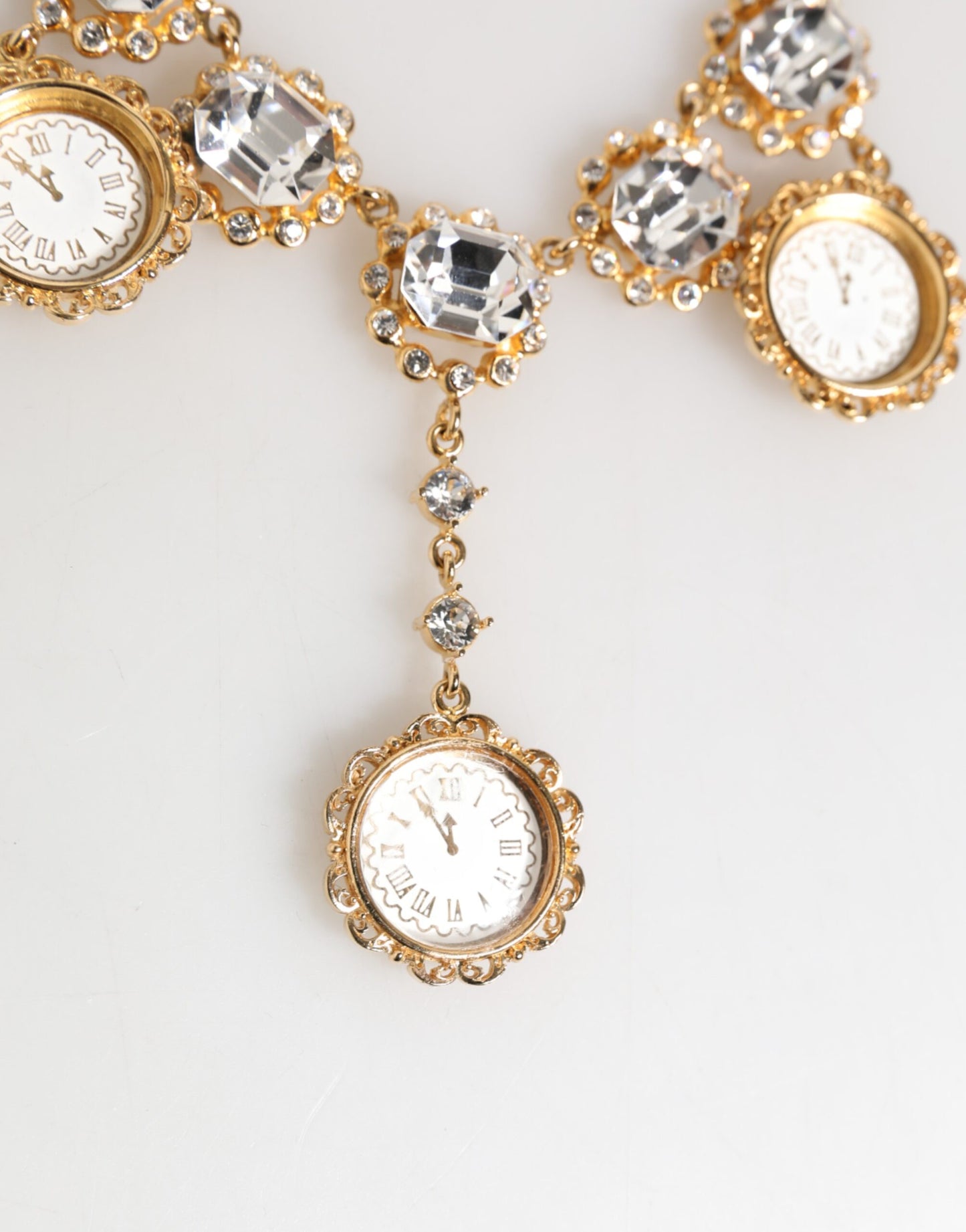 Dolce & Gabbana Gold Crystal Clock Pendant Statement Jewelry Necklace Curated Luxury Accessories by Orvyn