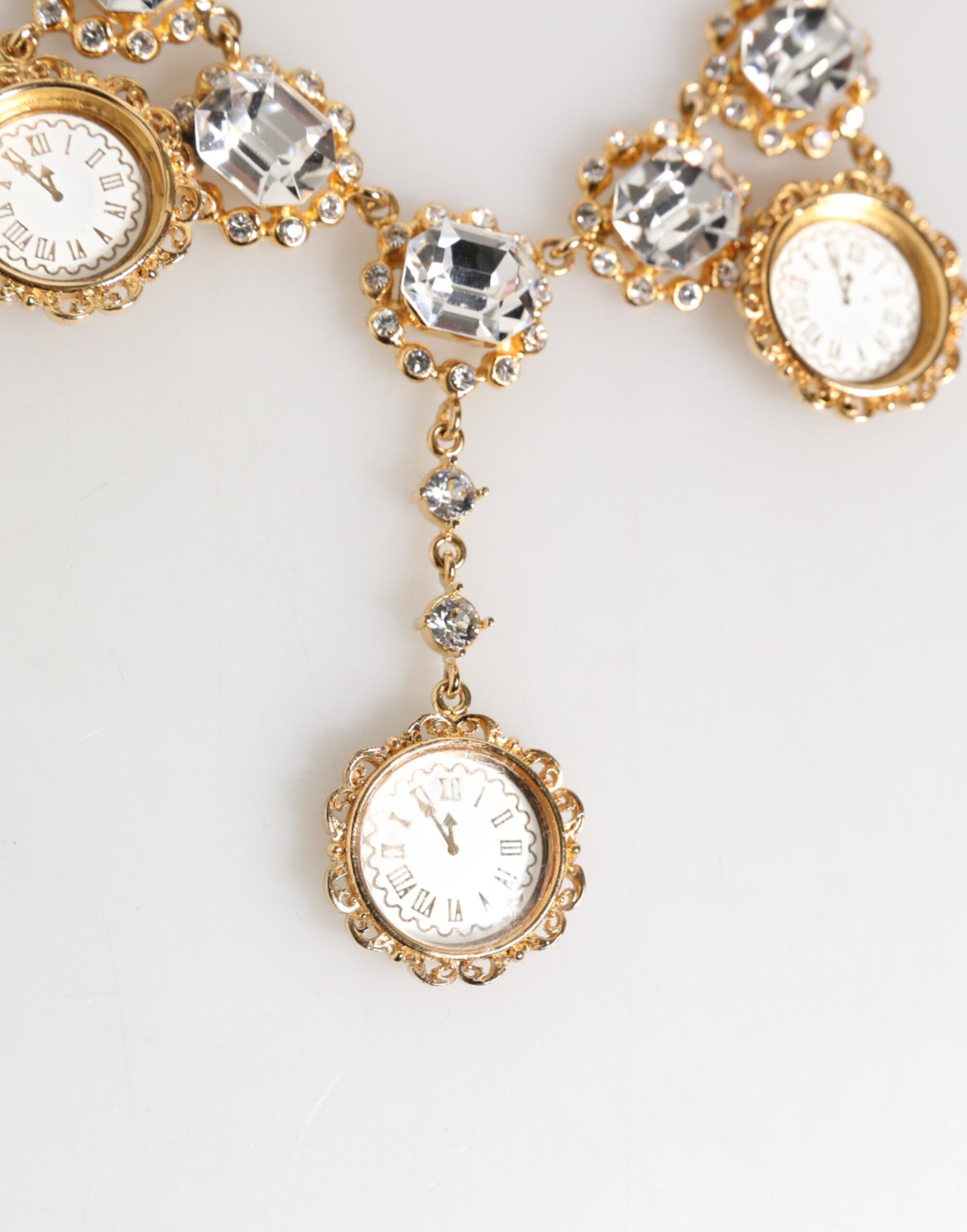 Dolce & Gabbana Gold Crystal Clock Pendant Statement Jewelry Necklace Curated Luxury Accessories by Orvyn