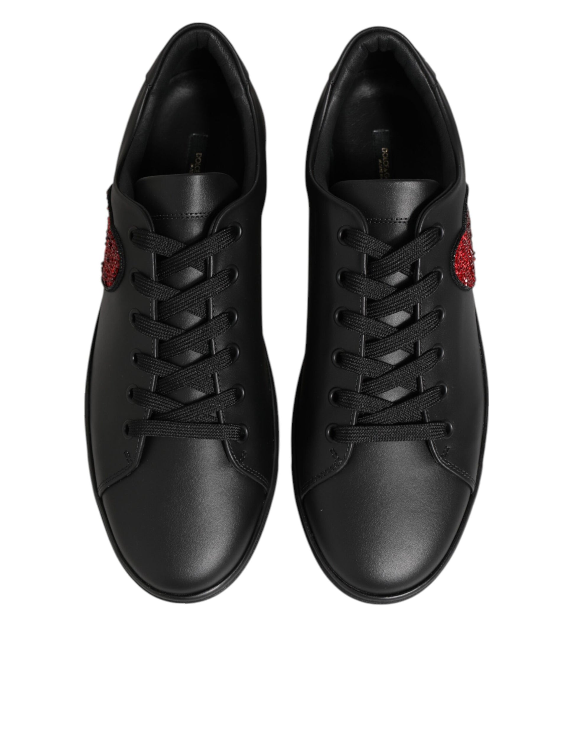 Dolce & Gabbana Black Leather Crystal Heart Sneakers Shoes Curated Luxury Accessories by Orvyn