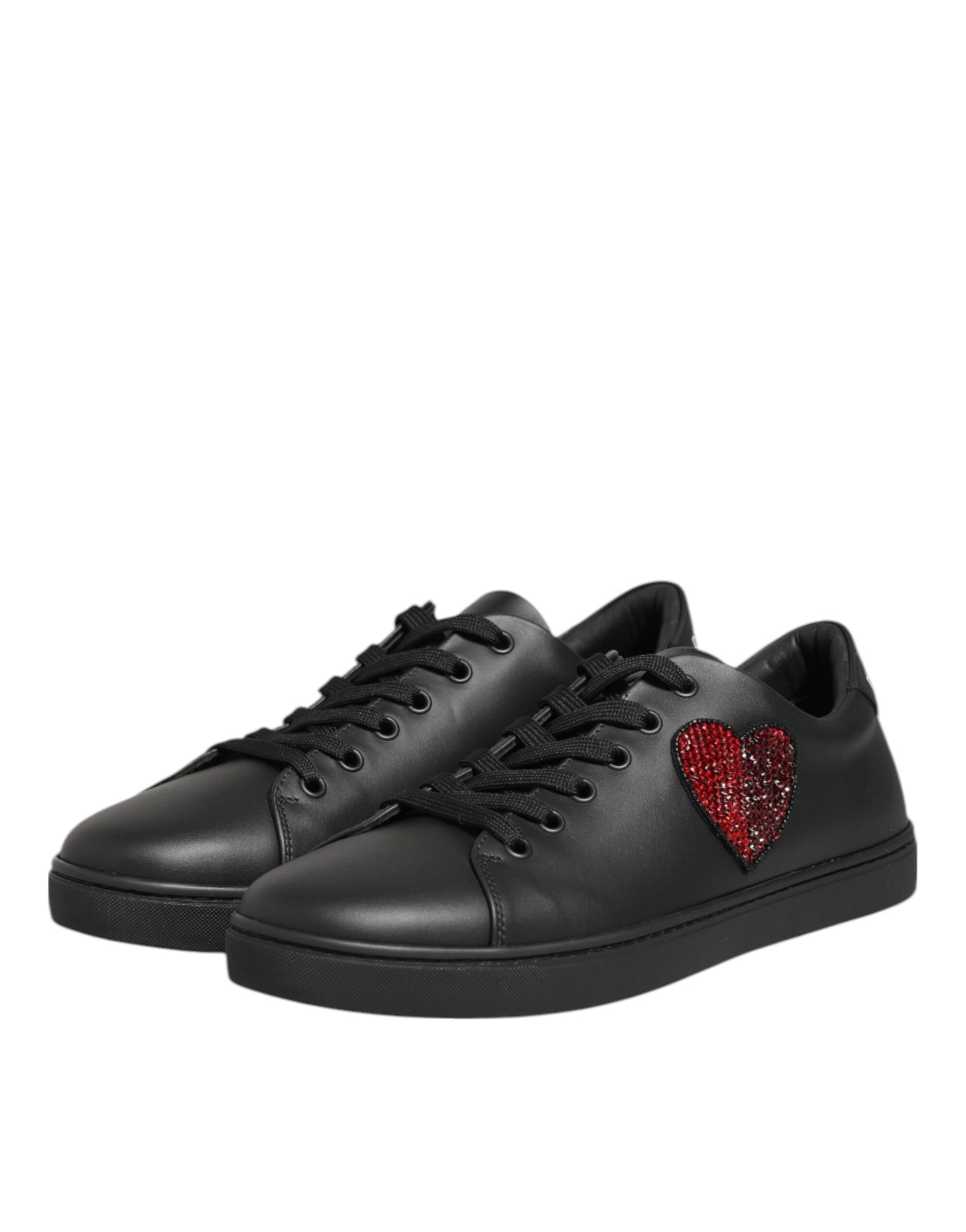 Dolce & Gabbana Black Leather Crystal Heart Sneakers Shoes Curated Luxury Accessories by Orvyn