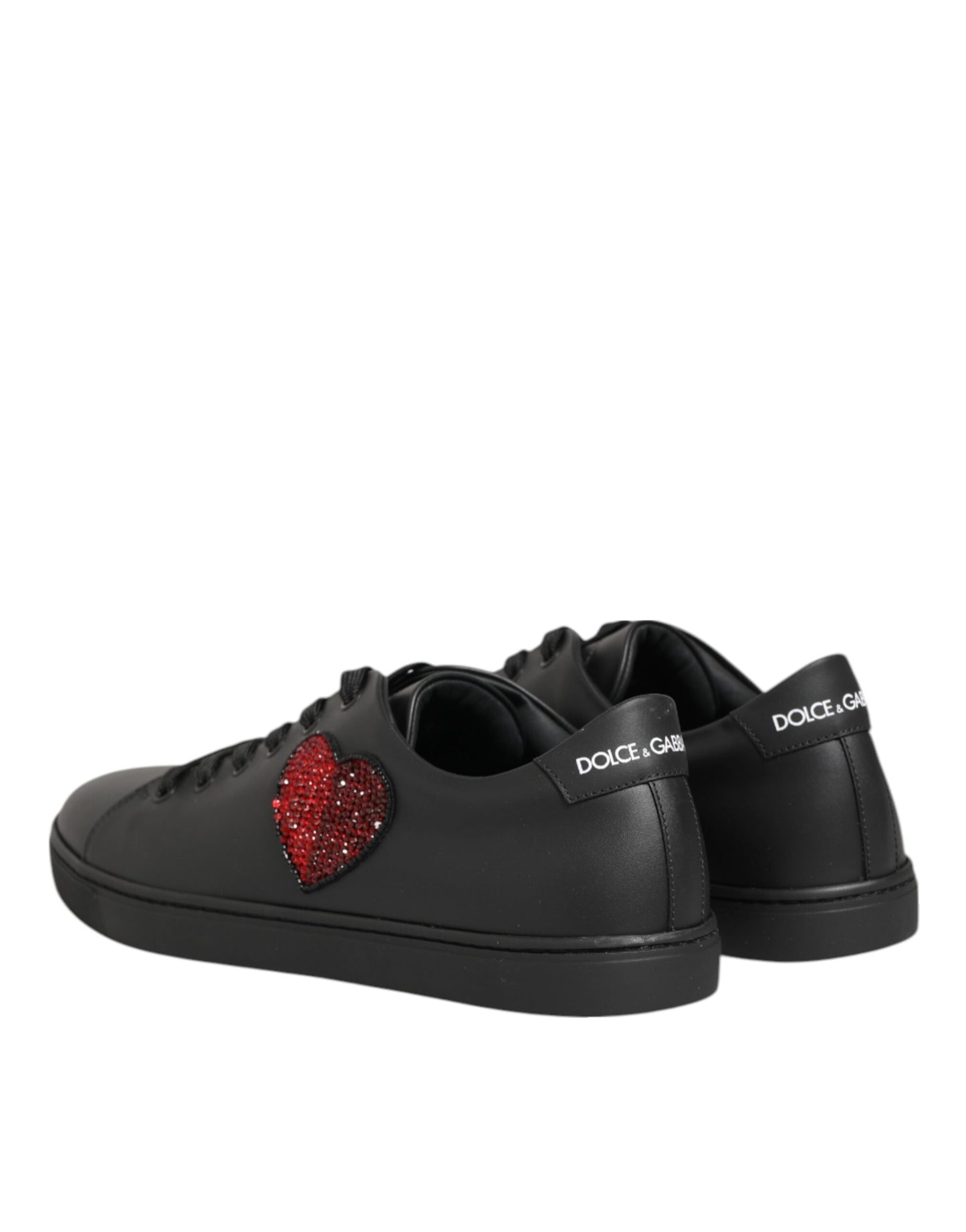 Dolce & Gabbana Black Leather Crystal Heart Sneakers Shoes Curated Luxury Accessories by Orvyn