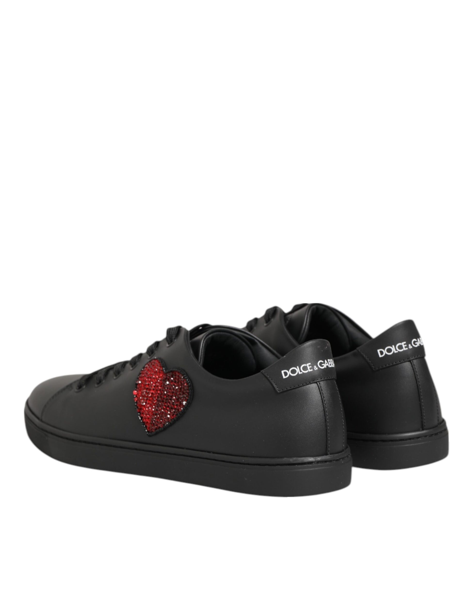 Dolce & Gabbana Black Leather Crystal Heart Sneakers Shoes Curated Luxury Accessories by Orvyn