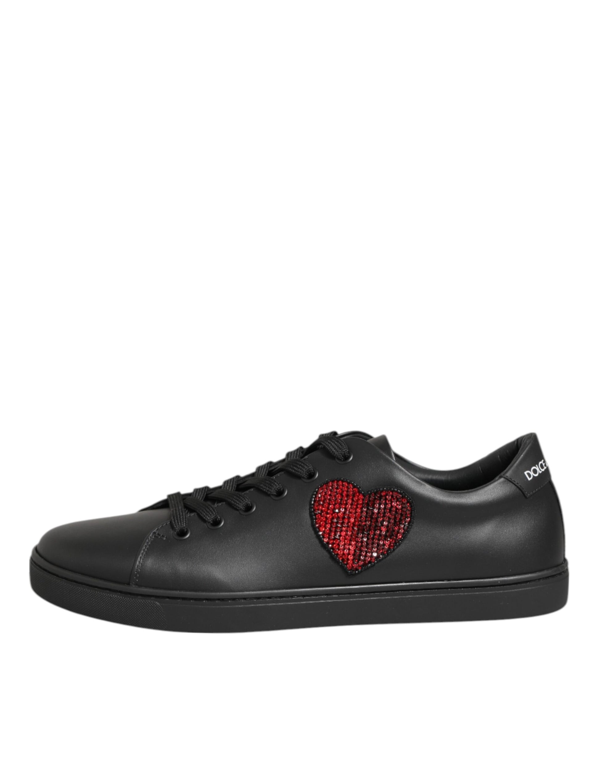 Dolce & Gabbana Black Leather Crystal Heart Sneakers Shoes Curated Luxury Accessories by Orvyn