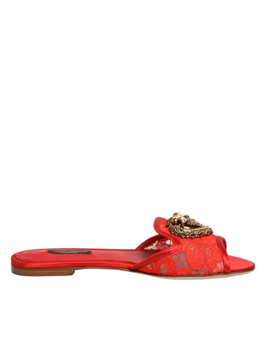 Dolce & Gabbana Red Devotion Lace Flats Slip On Sandals Shoes Curated Luxury Accessories by Orvyn