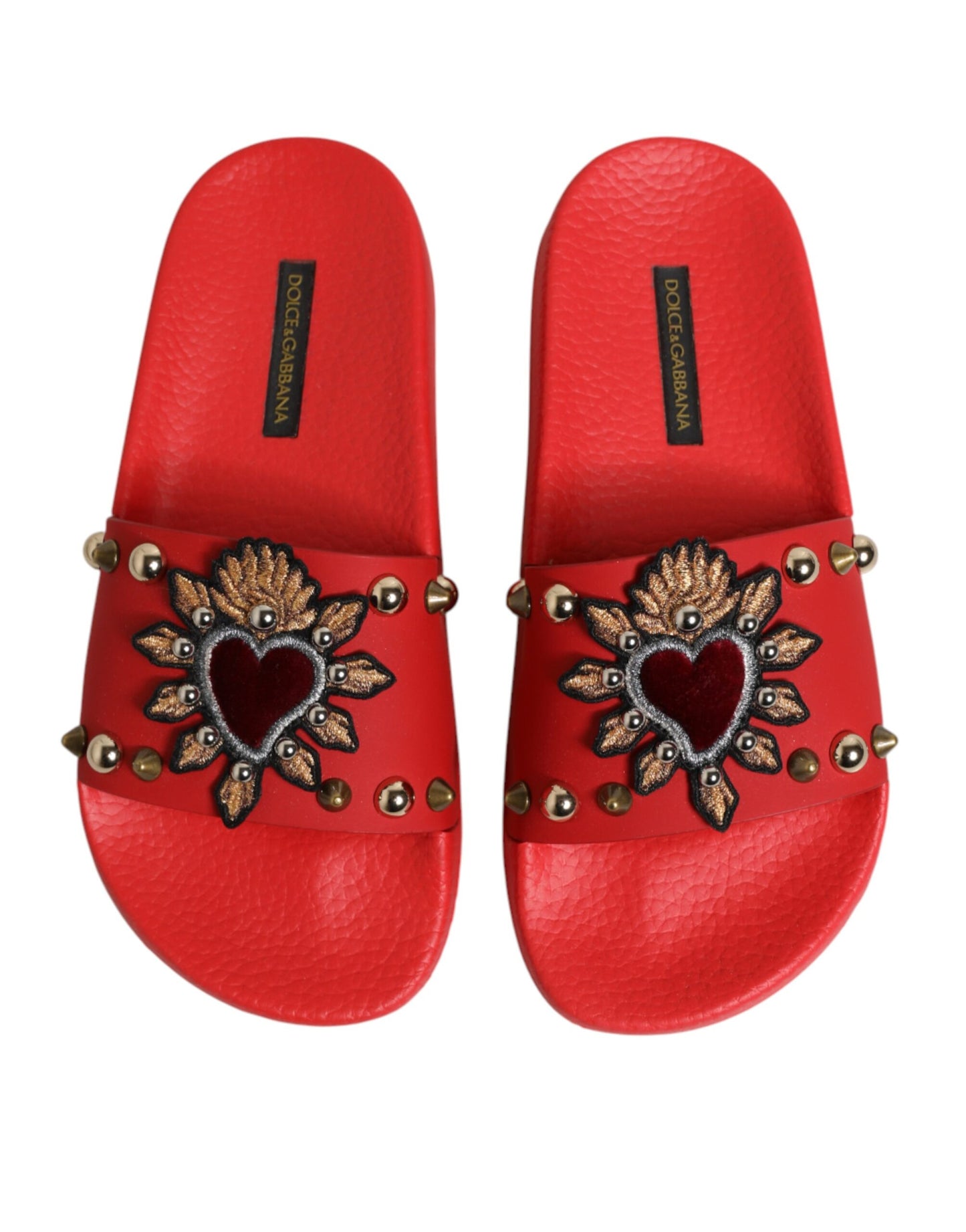 Dolce & Gabbana Red Sacred Heart Stud Slides Beachwear Shoes Curated Luxury Accessories by Orvyn