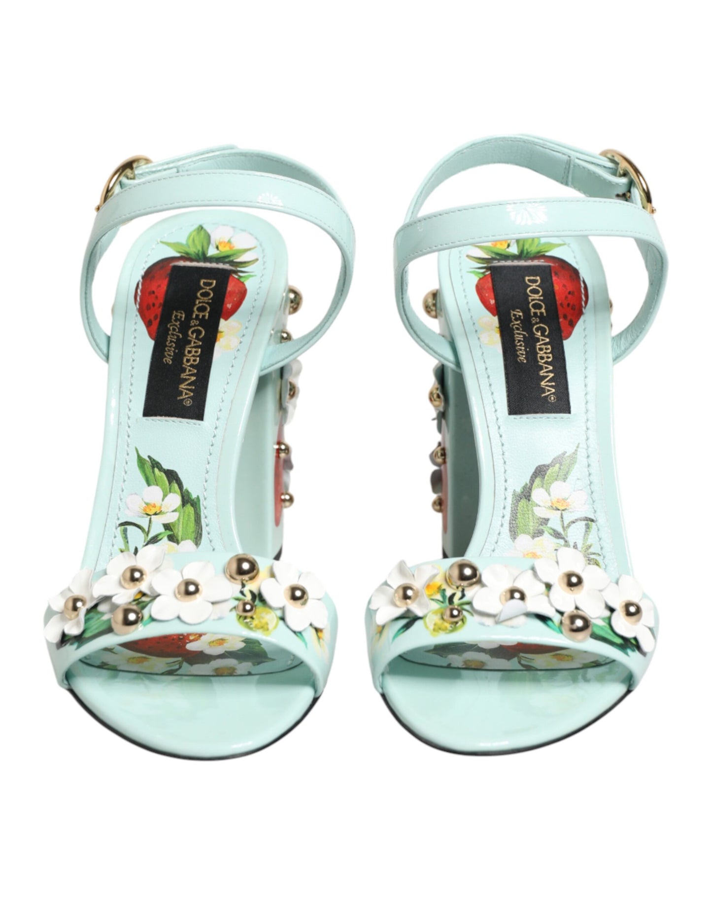 Dolce & Gabbana Mint Green Floral Studs Heels Sandals Shoes Curated Luxury Accessories by Orvyn