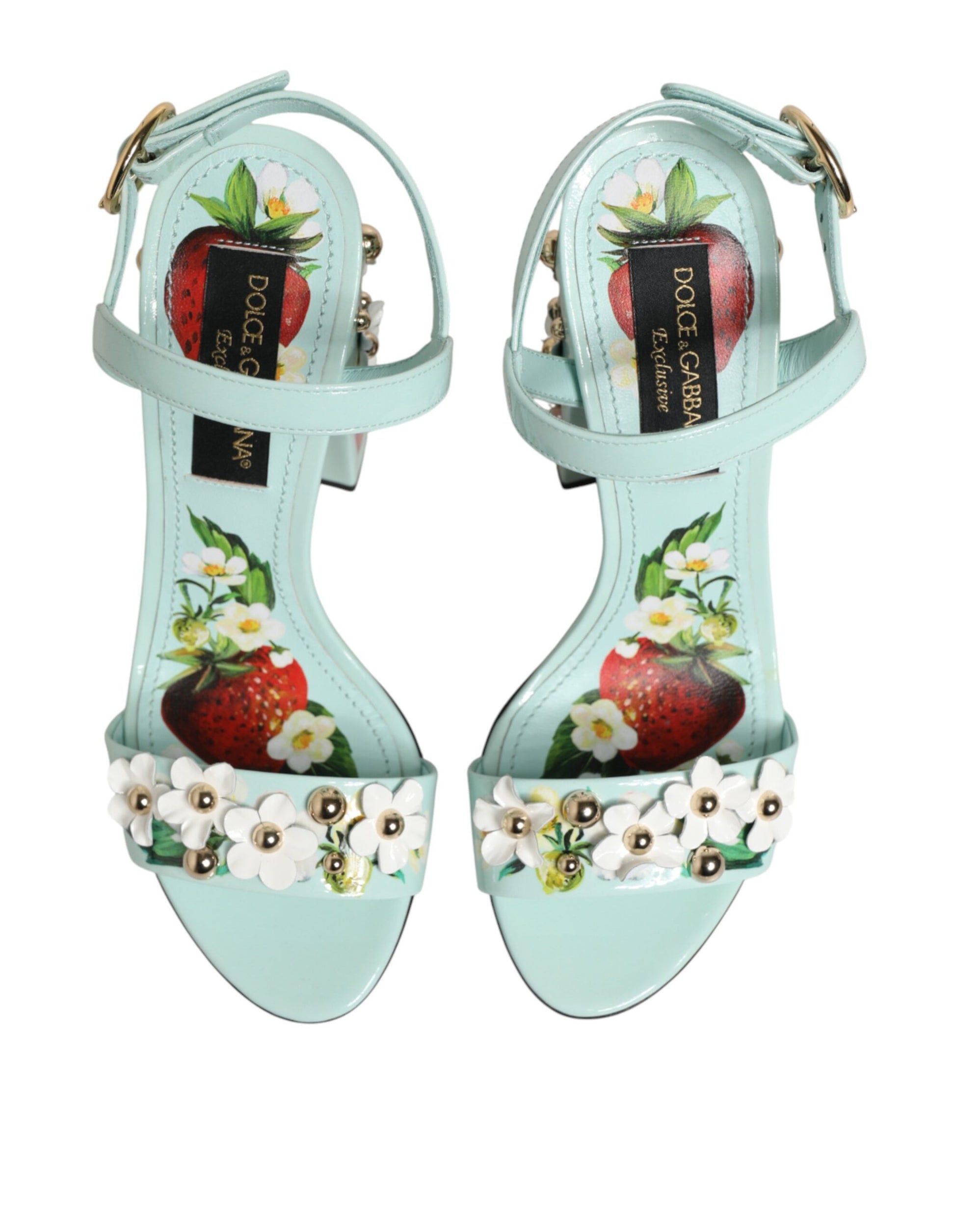 Dolce & Gabbana Mint Green Floral Studs Heels Sandals Shoes Curated Luxury Accessories by Orvyn