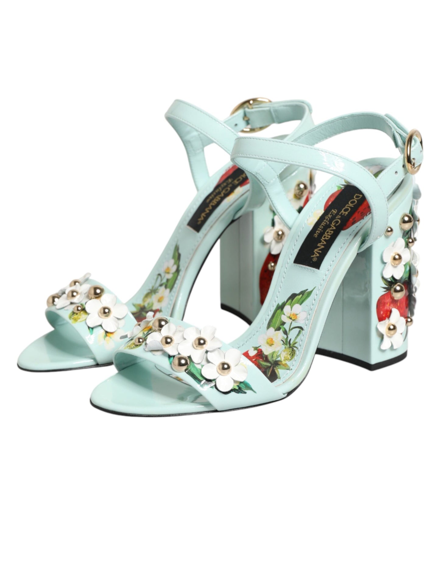 Dolce & Gabbana Mint Green Floral Studs Heels Sandals Shoes Curated Luxury Accessories by Orvyn