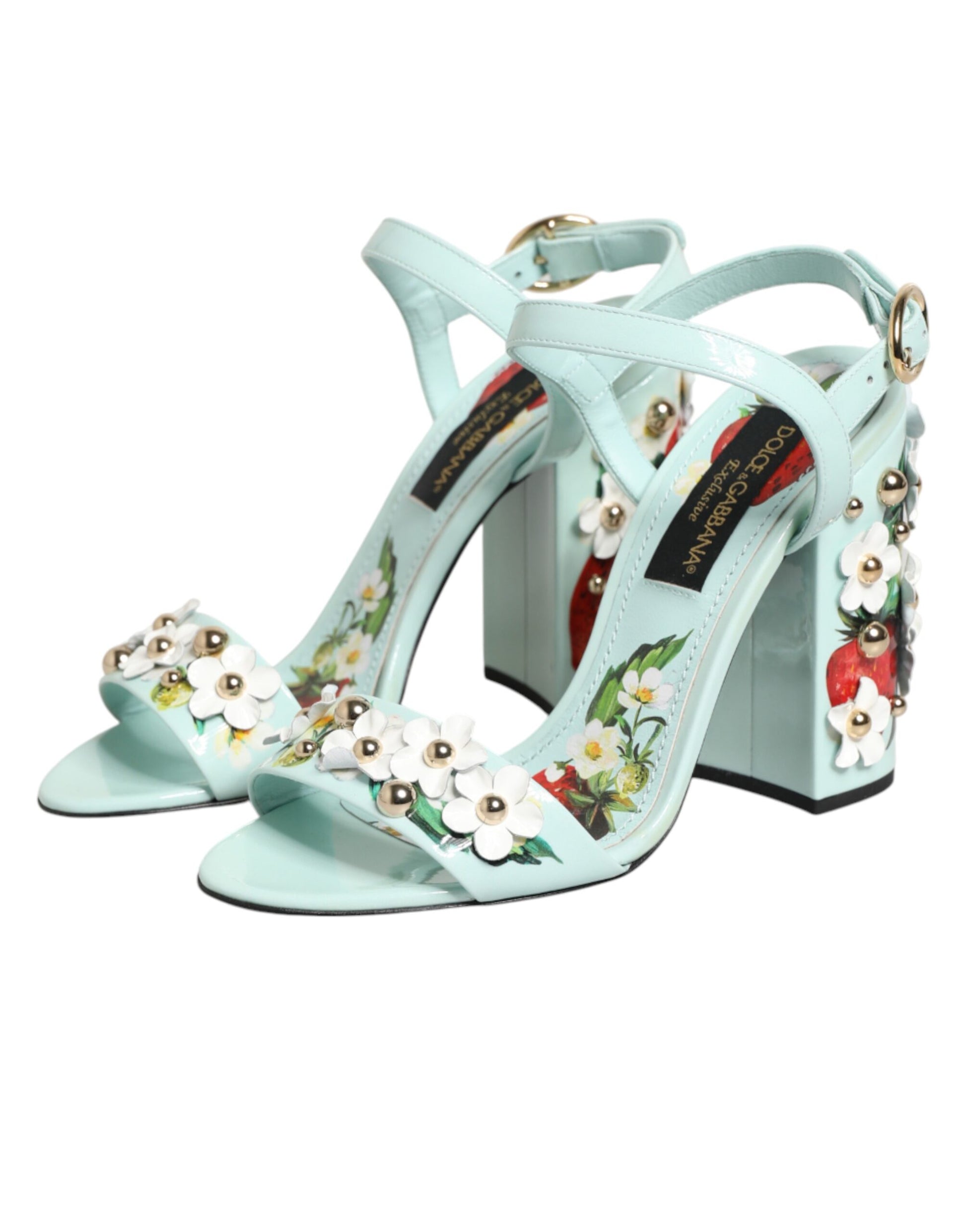 Dolce & Gabbana Mint Green Floral Studs Heels Sandals Shoes Curated Luxury Accessories by Orvyn