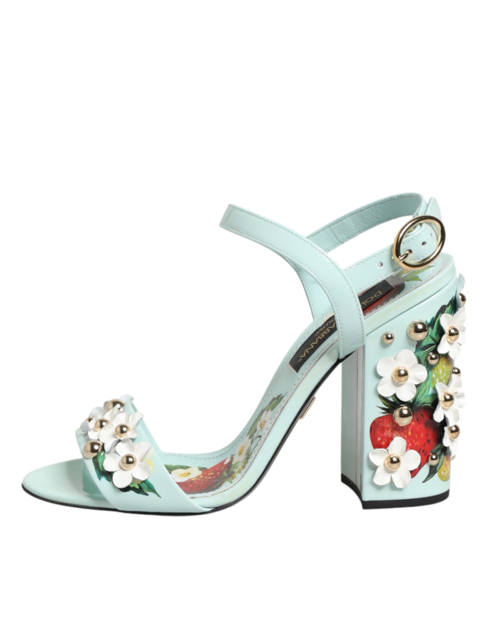 Dolce & Gabbana Mint Green Floral Studs Heels Sandals Shoes Curated Luxury Accessories by Orvyn