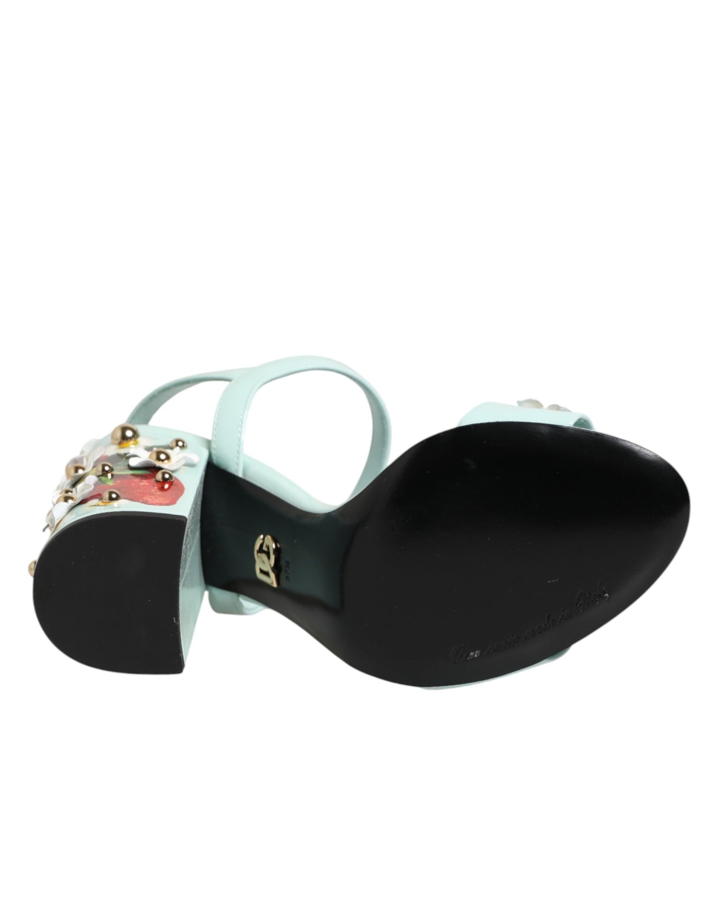 Dolce & Gabbana Mint Green Floral Studs Heels Sandals Shoes Curated Luxury Accessories by Orvyn