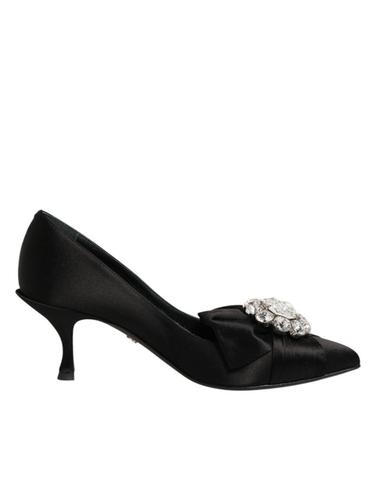 Dolce & Gabbana Black Satin Bow Crystal Embellishment Pumps Shoes Curated Luxury Accessories by Orvyn