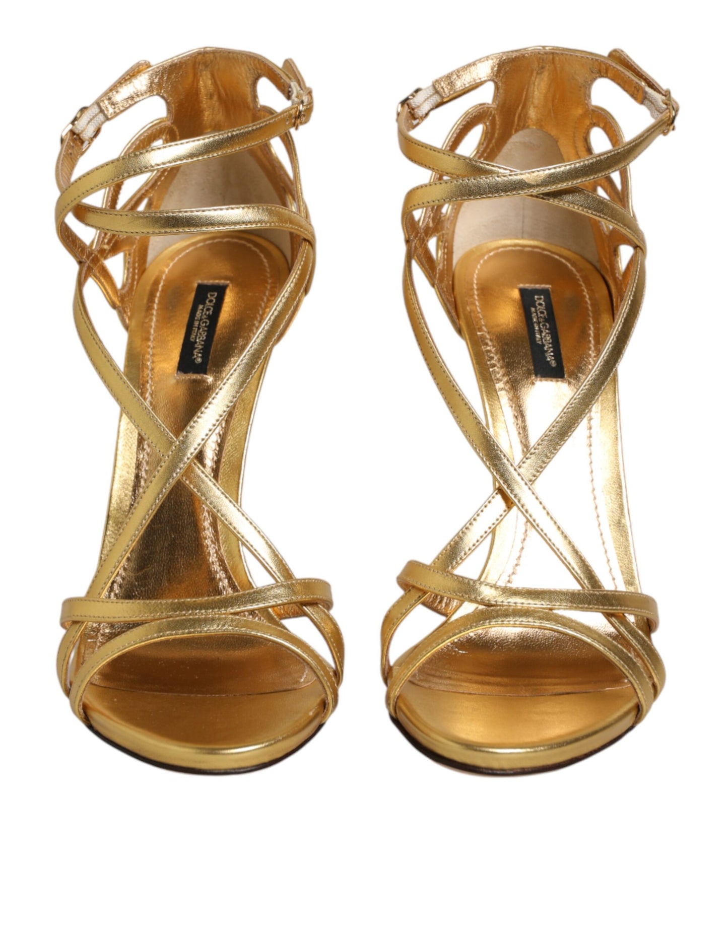 Dolce & Gabbana Gold Leather Keira Heels Sandals Shoes Curated Luxury Accessories by Orvyn