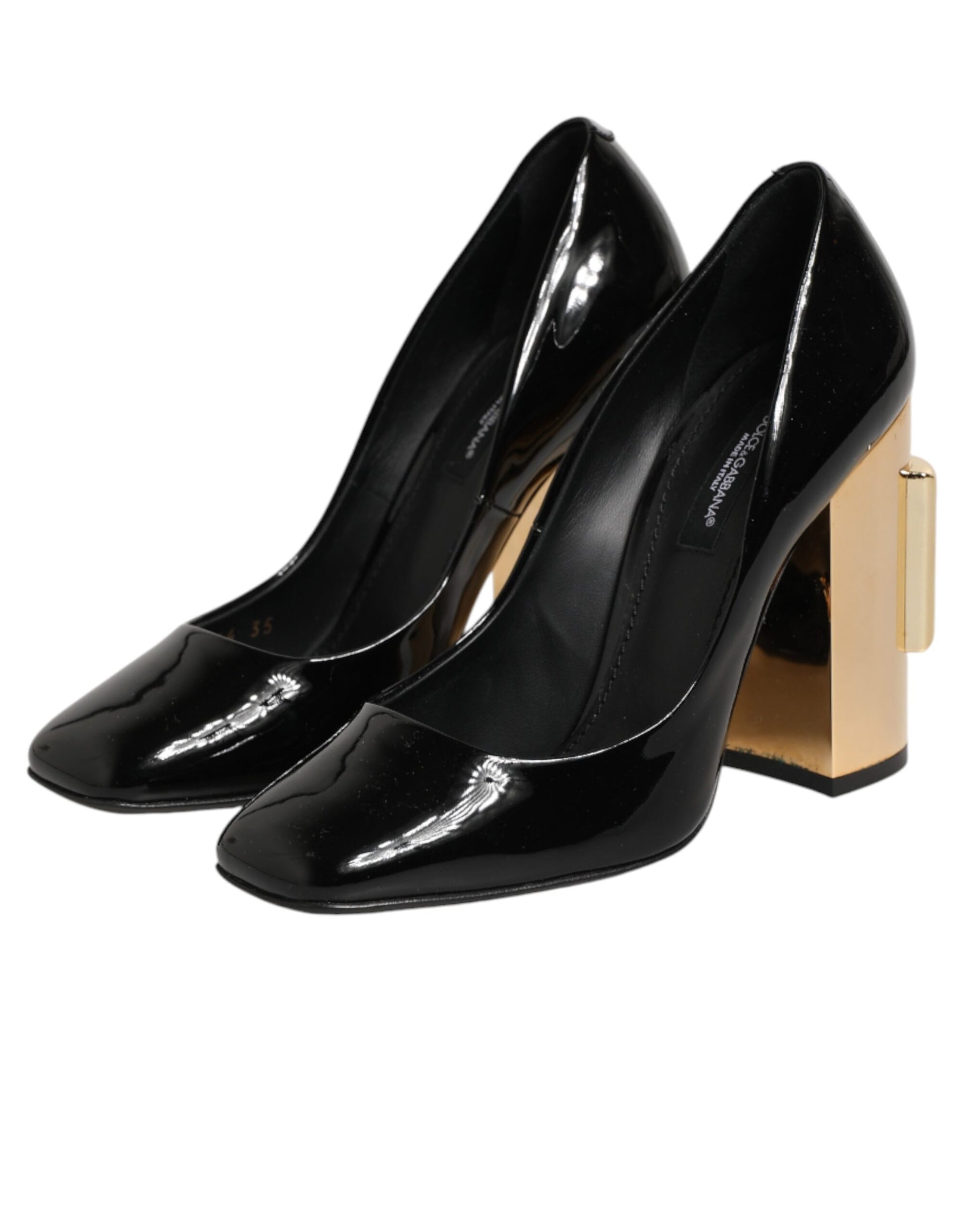 Dolce & Gabbana Black Gold Patent Leather Logo Heels Pumps Shoes Curated Luxury Accessories by Orvyn