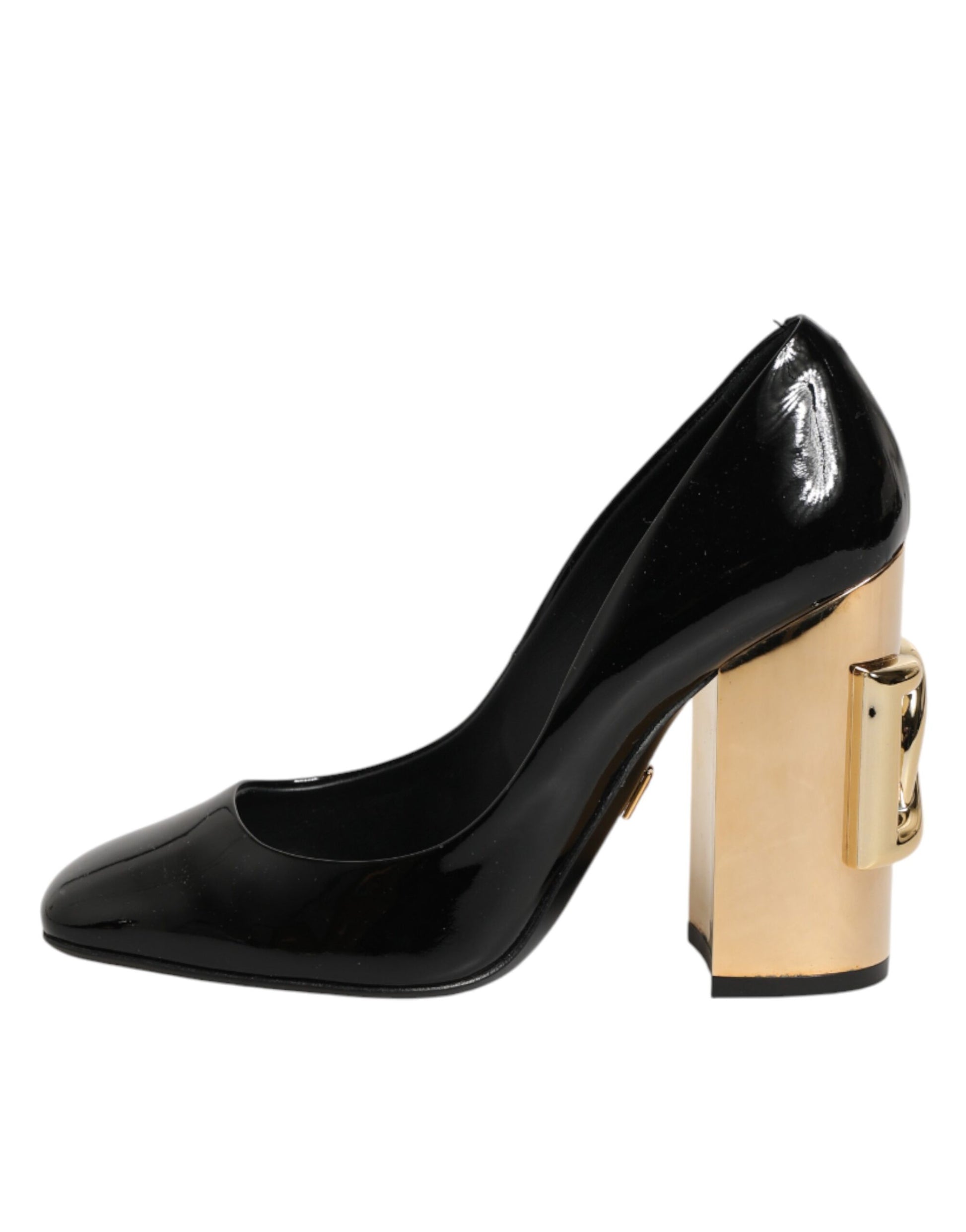 Dolce & Gabbana Black Gold Patent Leather Logo Heels Pumps Shoes Curated Luxury Accessories by Orvyn