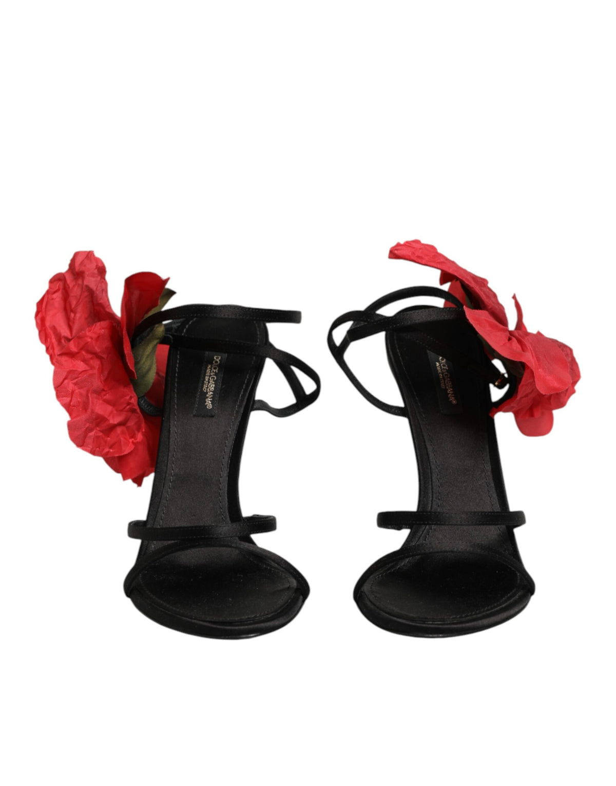 Dolce & Gabbana Black Leather Strappy Flower Heels Sandals Shoes schwarz
