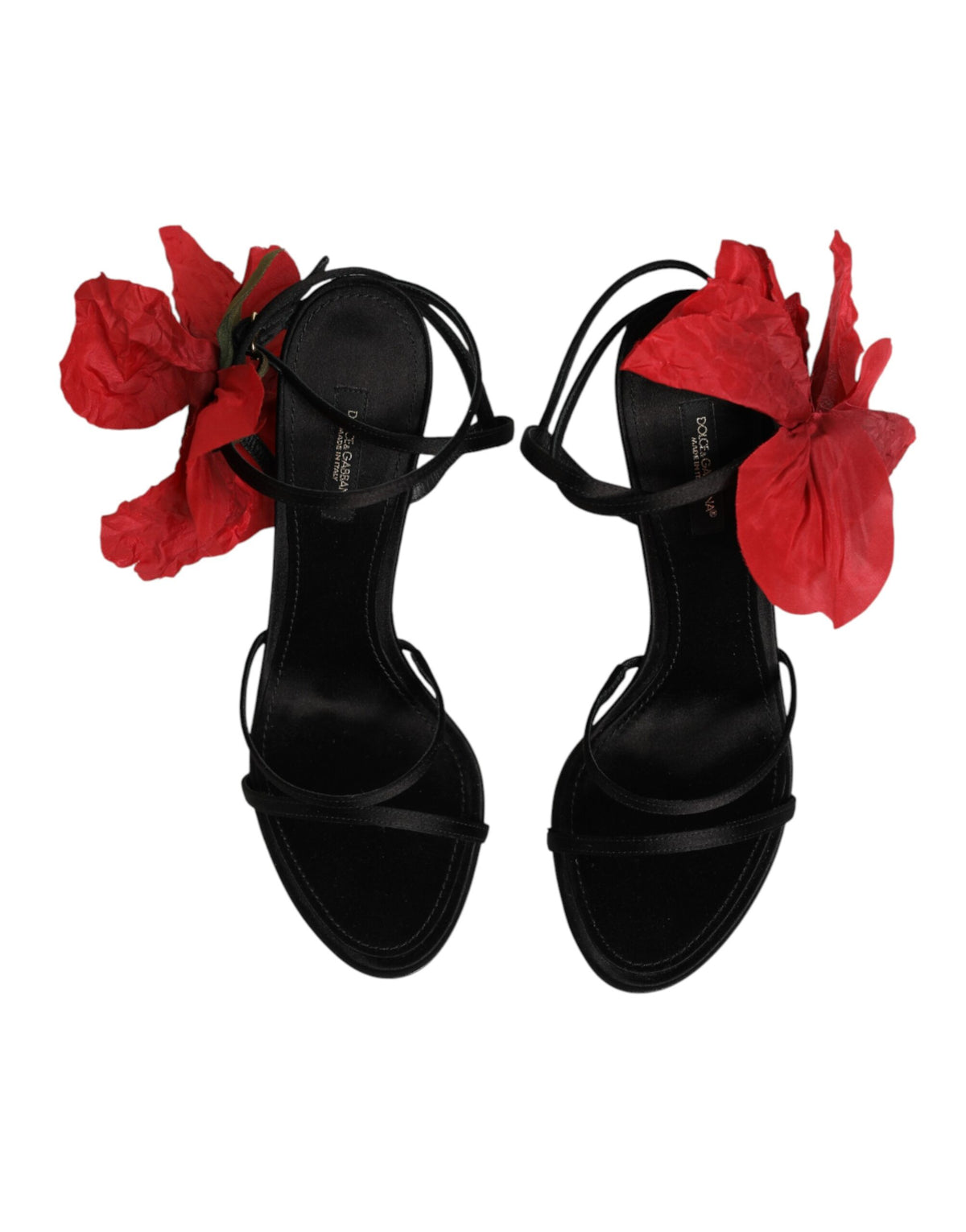 Dolce & Gabbana Black Leather Strappy Flower Heels Sandals Shoes schwarz