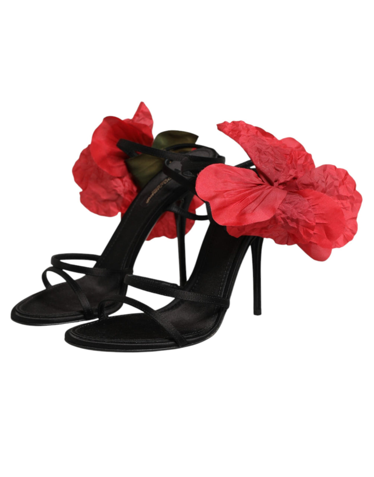 Dolce & Gabbana Black Leather Strappy Flower Heels Sandals Shoes schwarz