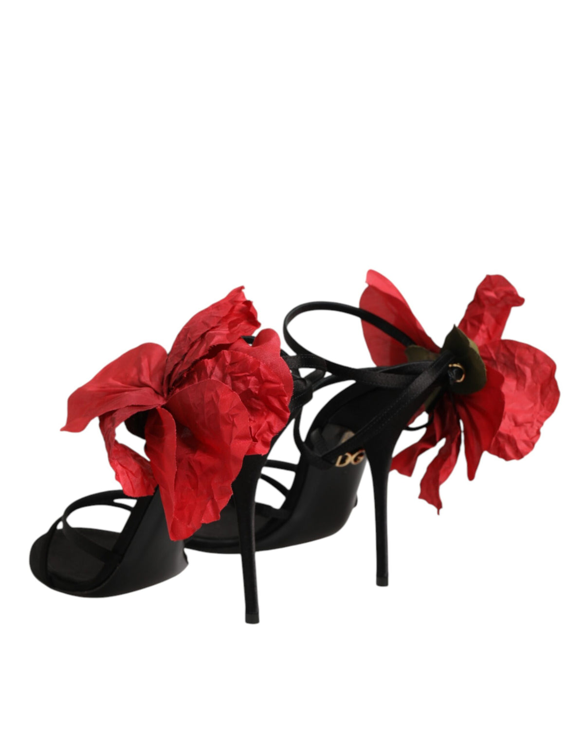 Dolce & Gabbana Black Leather Strappy Flower Heels Sandals Shoes schwarz