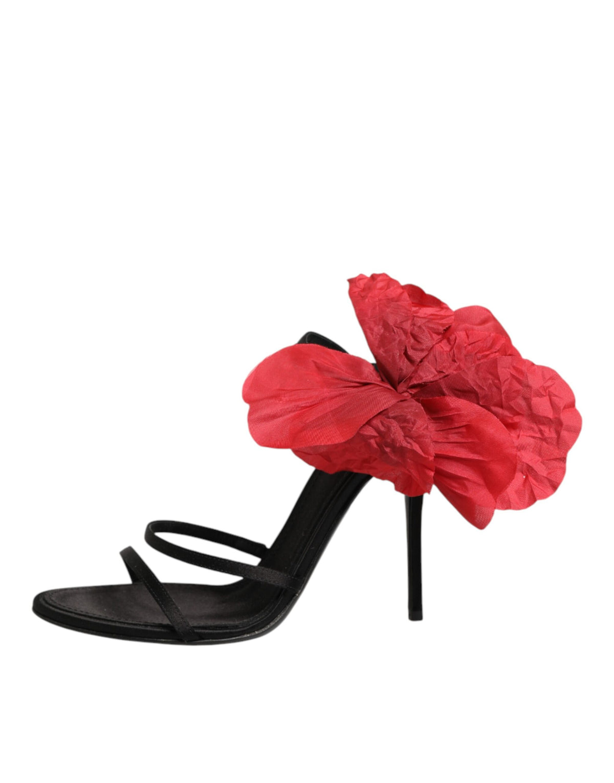Dolce & Gabbana Black Leather Strappy Flower Heels Sandals Shoes schwarz