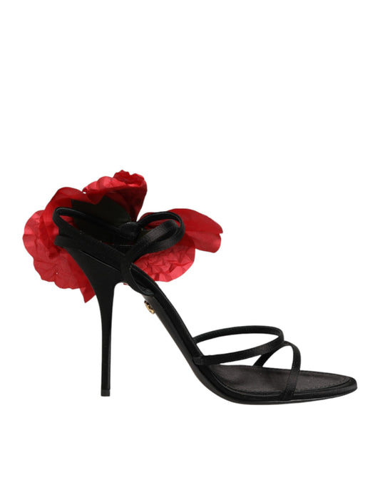 Dolce & Gabbana Black Leather Strappy Flower Heels Sandals Shoes schwarz