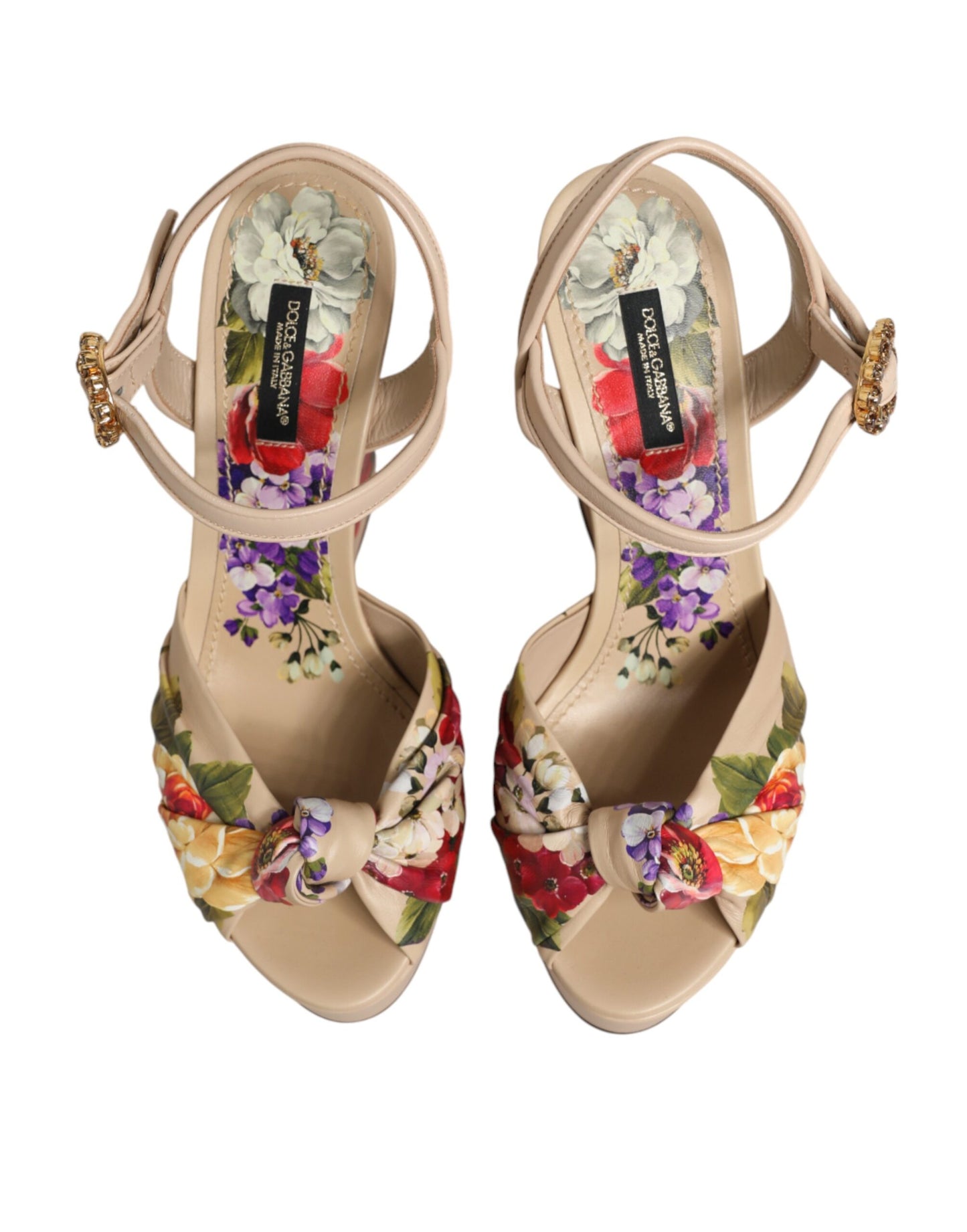 Dolce & Gabbana Beige Floral Ankle Strap Wedge Sandals Shoes Curated Luxury Accessories by Orvyn