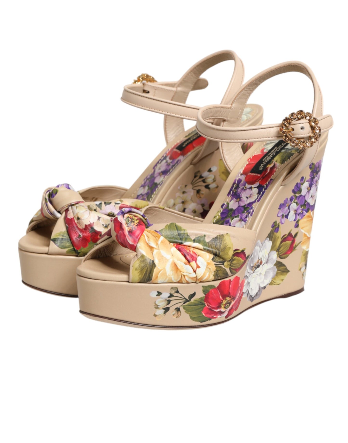 Dolce & Gabbana Beige Floral Ankle Strap Wedge Sandals Shoes Curated Luxury Accessories by Orvyn