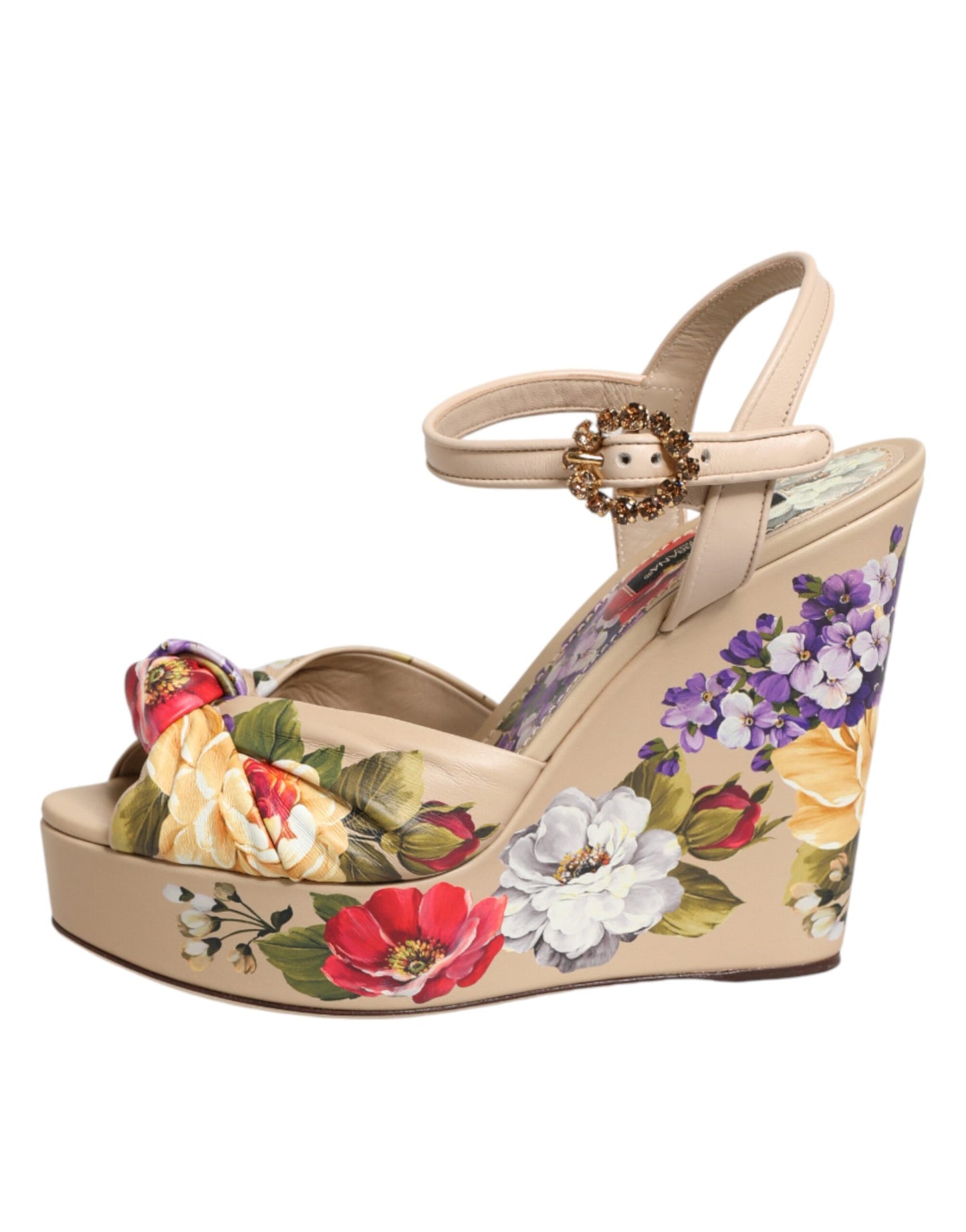 Dolce & Gabbana Beige Floral Ankle Strap Wedge Sandals Shoes Curated Luxury Accessories by Orvyn