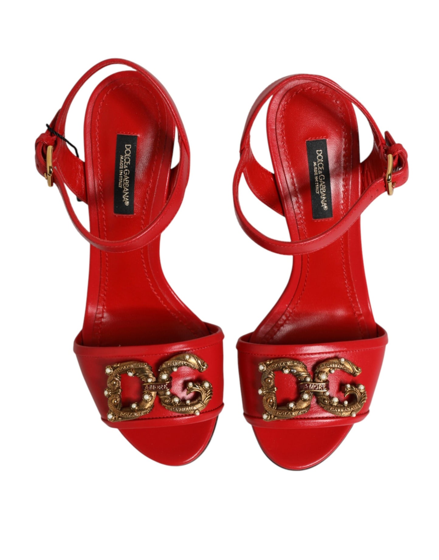 Dolce & Gabbana Red Leather DG AMORE Heels Sandals Shoes Curated Luxury Accessories by Orvyn