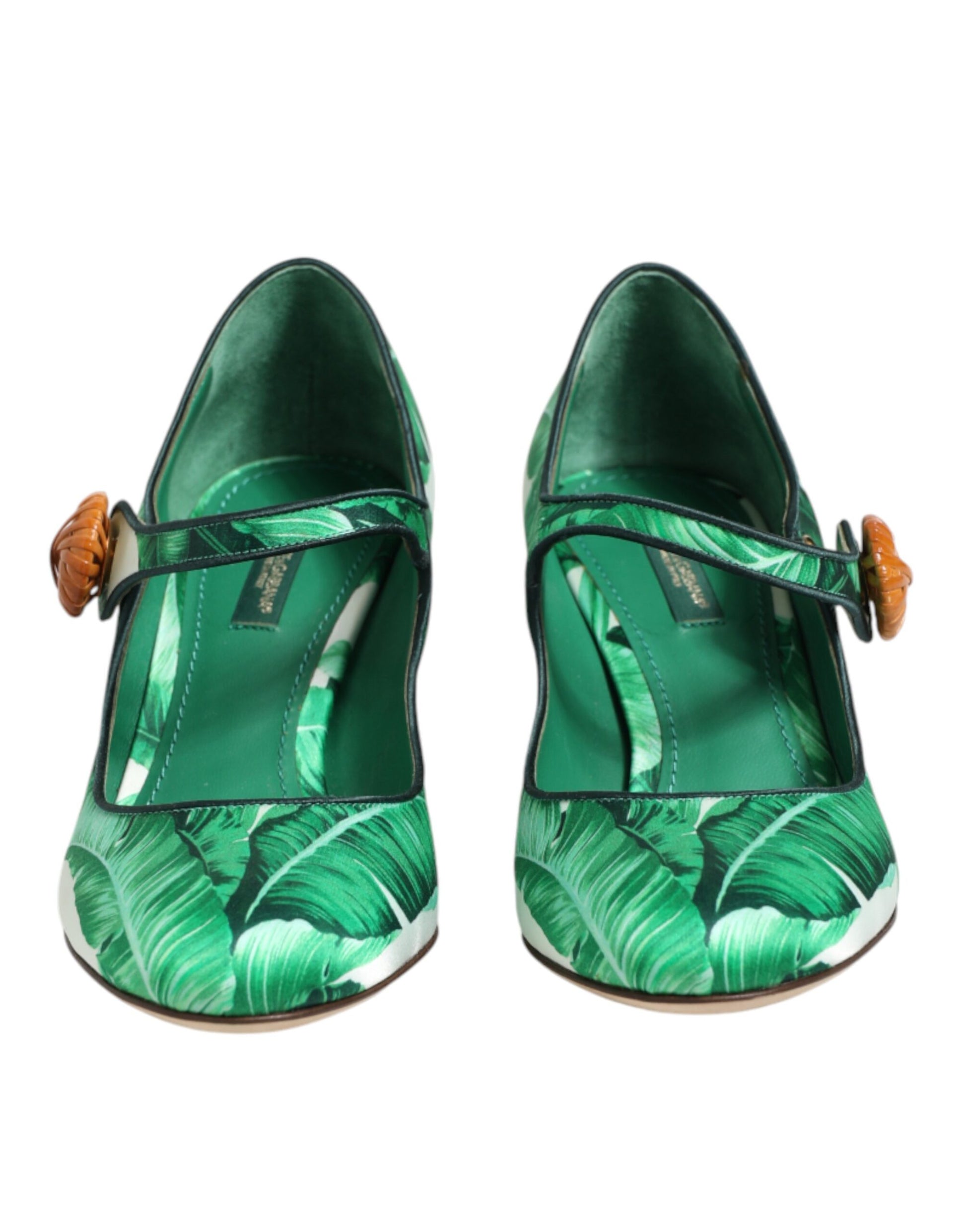 Dolce & Gabbana Green Silk MARY JANES Leaf Sandals Shoes Curated Luxury Accessories by Orvyn