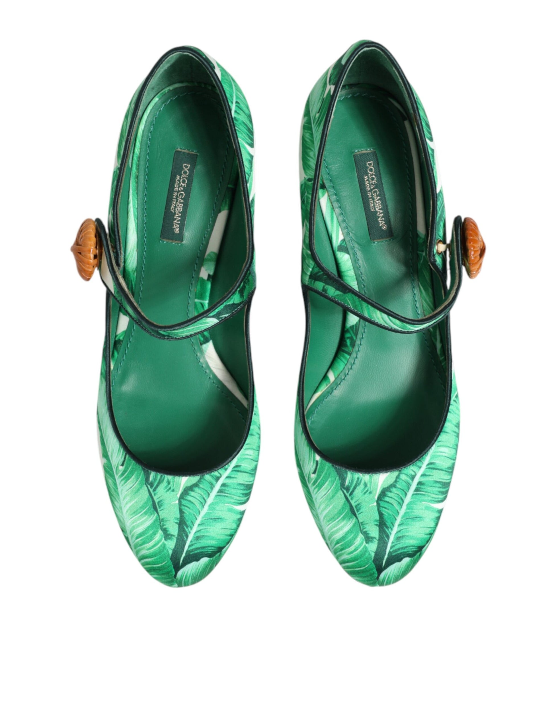 Dolce & Gabbana Green Silk MARY JANES Leaf Sandals Shoes Curated Luxury Accessories by Orvyn
