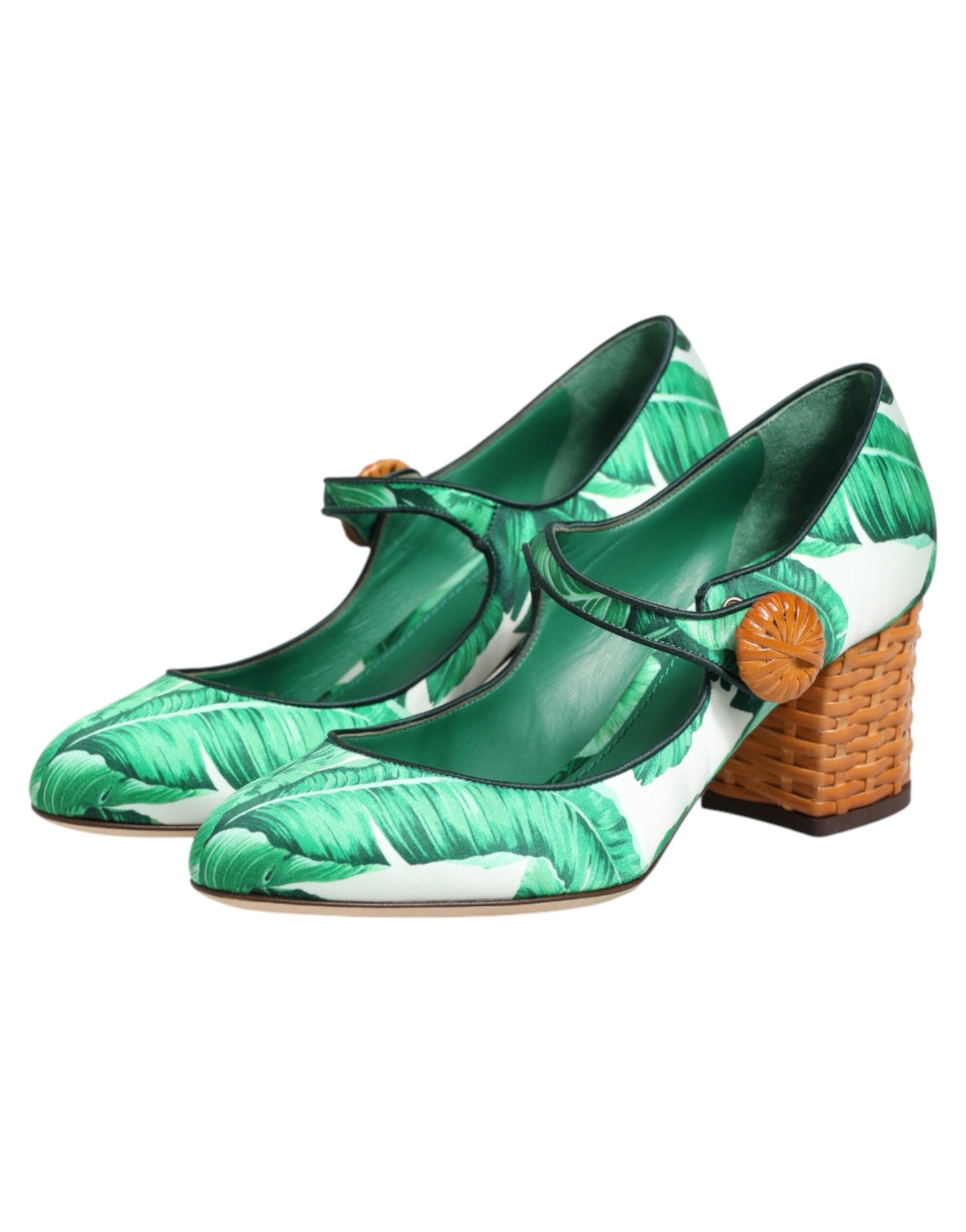 Dolce & Gabbana Green Silk MARY JANES Leaf Sandals Shoes Curated Luxury Accessories by Orvyn